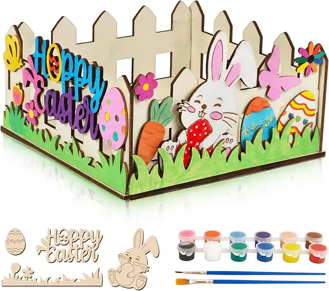 BOFUNX Kit Pittura Cestino Pasqua Bambini in Legno DIY Regalo Creativo