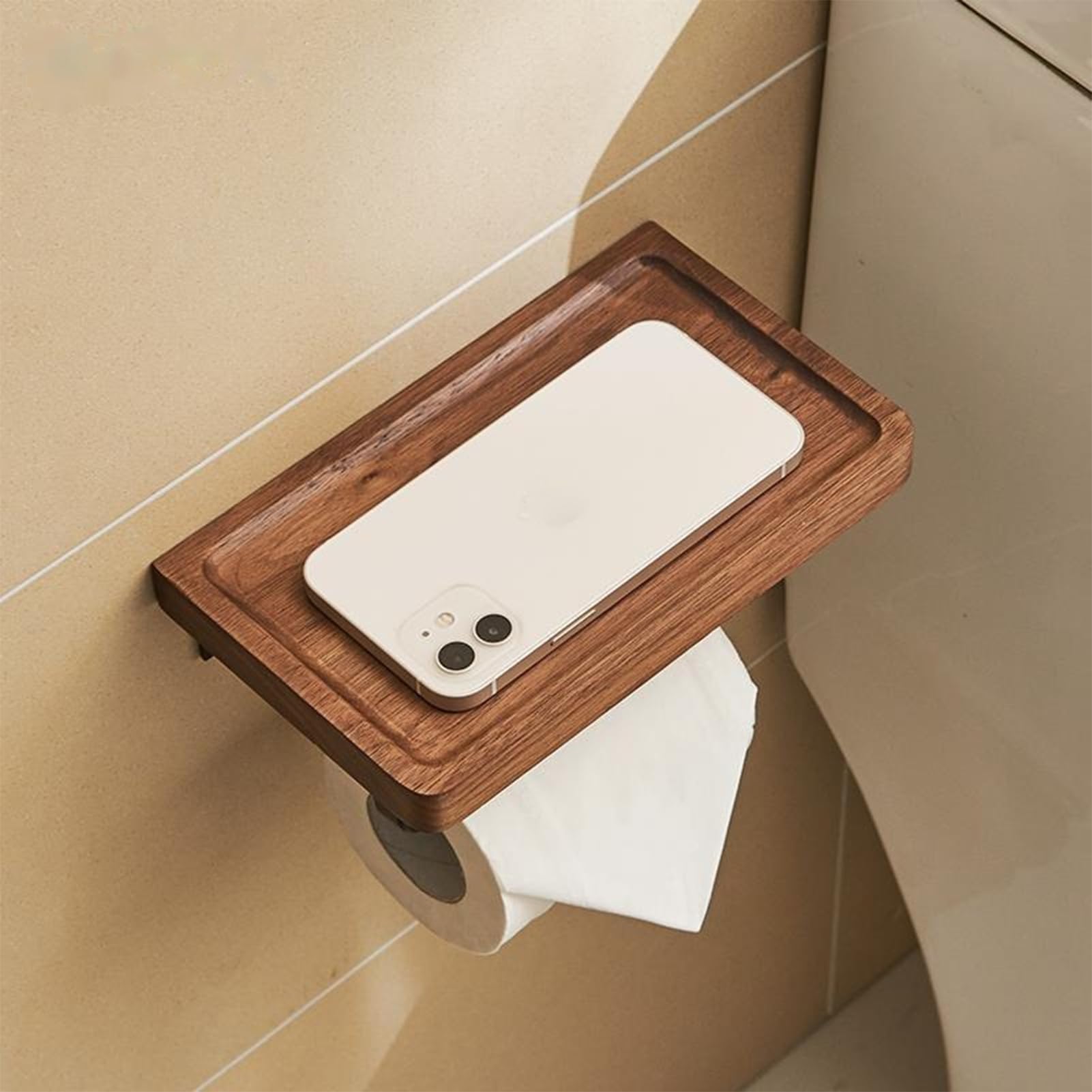 Toilettenpapierhalter zur Wandmontage, mit Kleber und Schrauben, stilvoller Taschentuch-Organizer aus Holz mit Ablage, Edelstahl-Papierrollenspender für Badezimmer (A, Weiß)