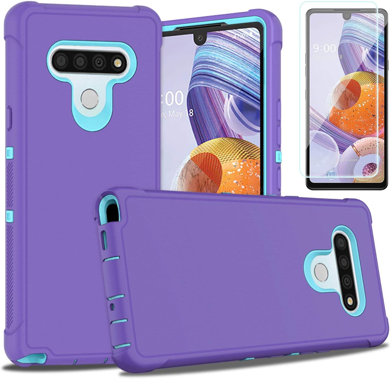 PhuLok Compatible with LG Stylo 6 Case with HD Screen Protector, Heavy Duty Armor Dual Layer Full Body Protective Shockproof Sports Anti-Scratches Non-Slip Bumper Rugged Case(Purple/Sky Blue)