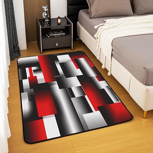 Miniatura 4 de jejeloiu Alfombra geométrica negra y roja de 5 x 7 pulgadas, diseño 3D, arte abstracto, para sala de estar, dormitorio, geometría, rectangular,