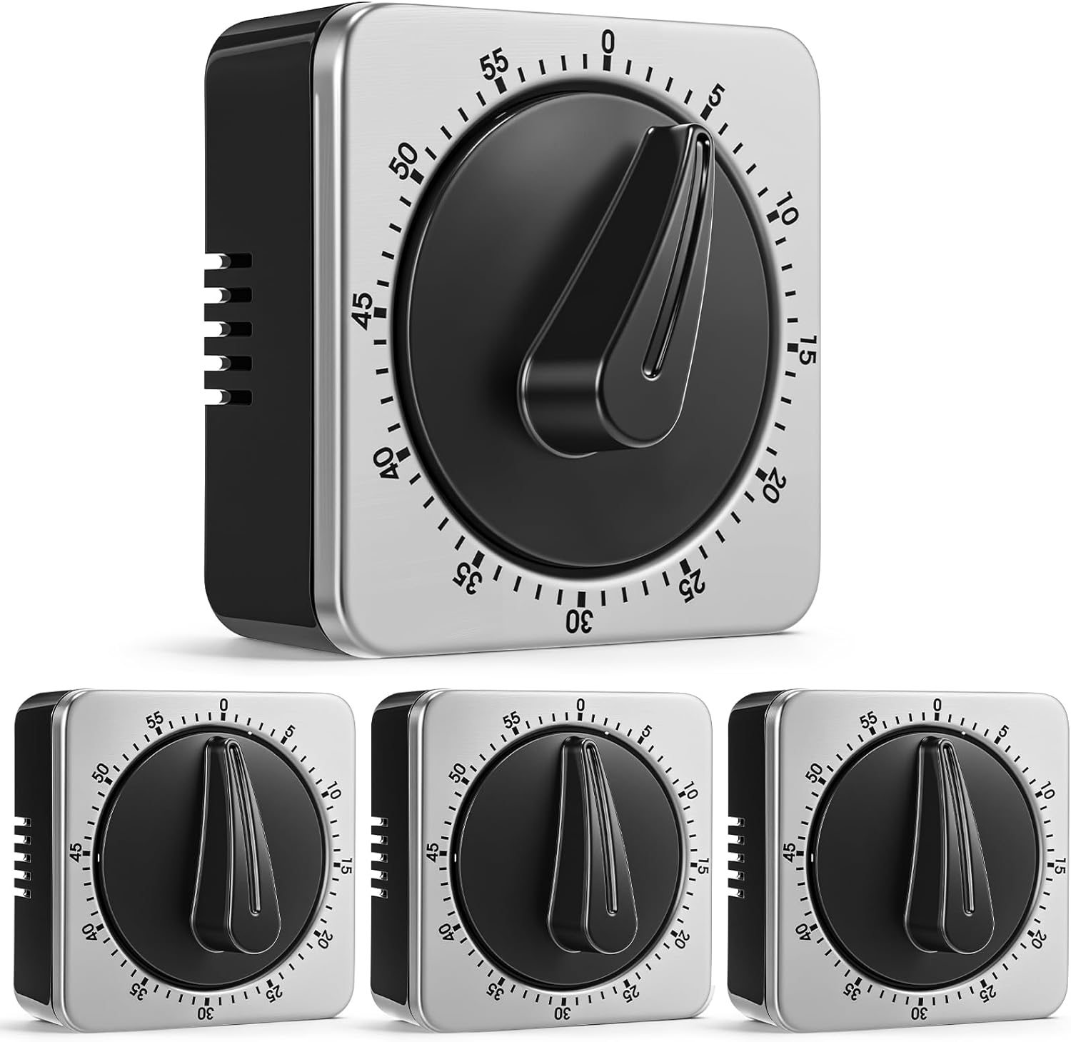 4 Pack Mechanical Kitchen Timer for Chef Cooking Countdown Reminder 60 Minute Wind up Magnetic Stainless Steel Loud Alarm No Batteries Desk Timer for Sport Home Office