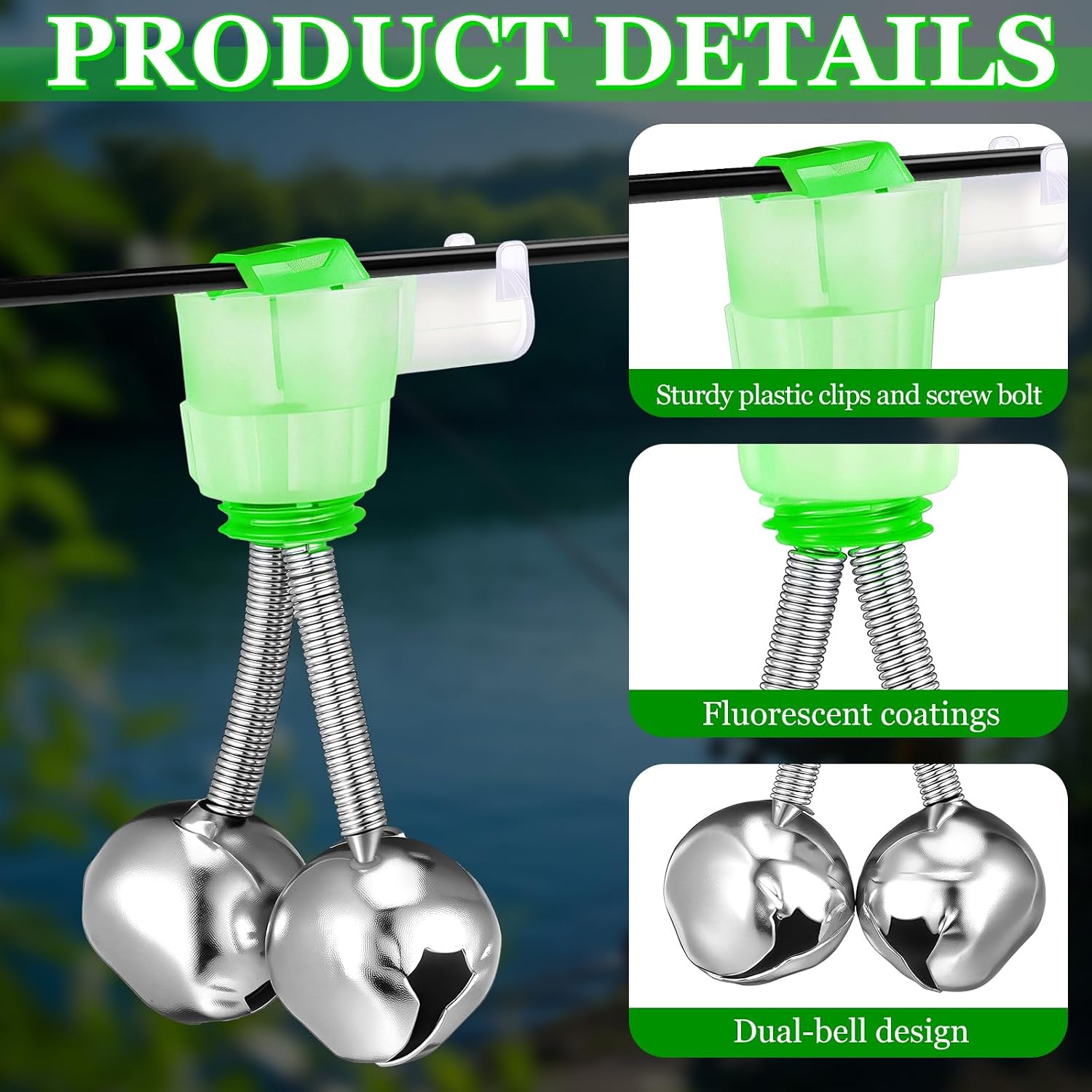 Soulchen 50 Pcs Fishing Rod Bells 2 Inch Double Bell Bite Alarms with Spiral Clip Portable Reusable Bite Indicator for Night Fishing