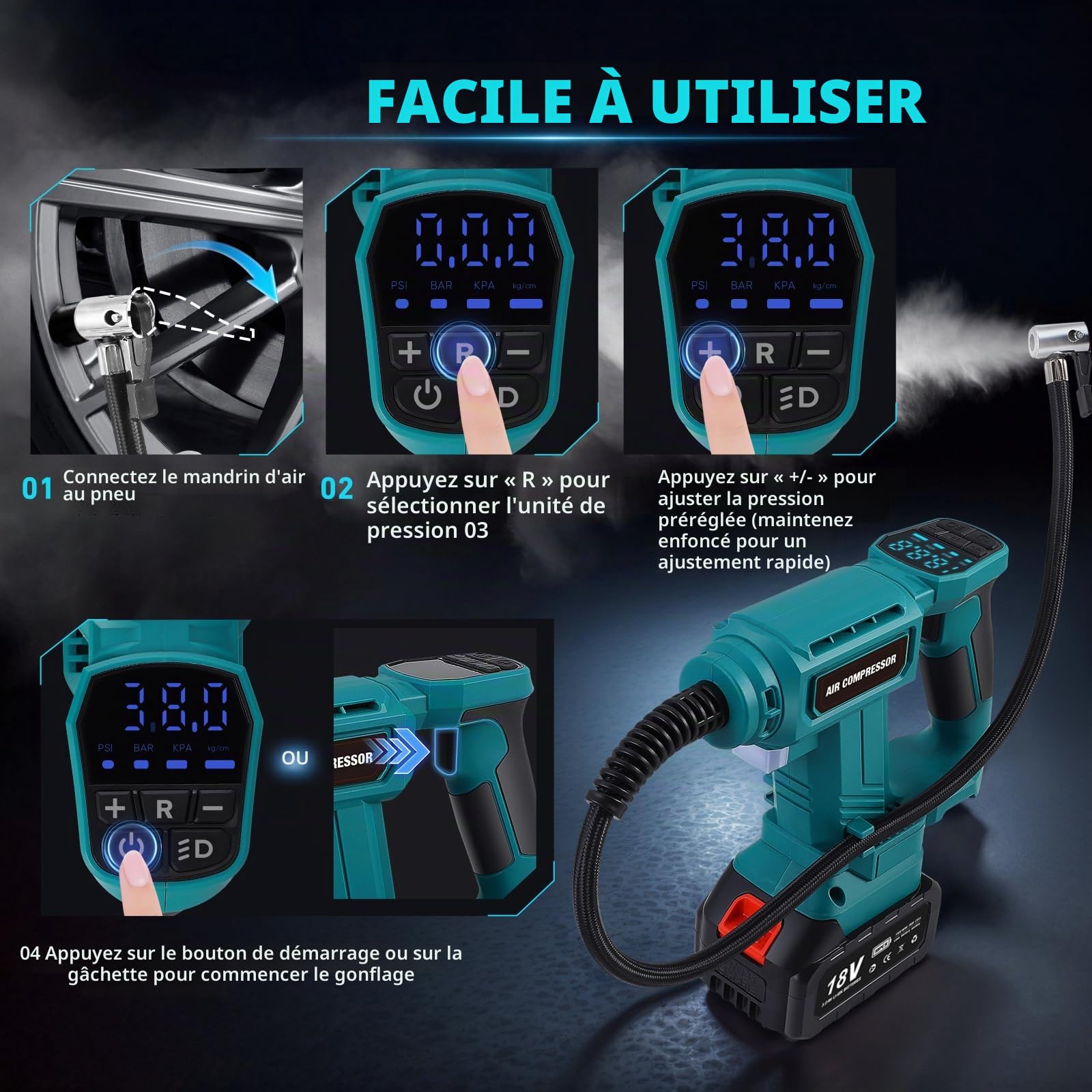 Compresseur d'air 150psi 28L/min Pompe de pneu portable avec un gonfleur de pneu de batterie de 18V 3000mAh avec 3 adaptateurs pour les véhicules, motos, vélos, balles, anneaux de natation