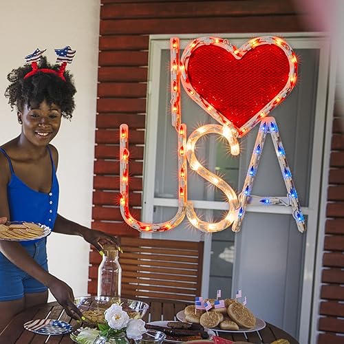 Miniatura 3 de Escultura patriótica iluminada del día de la independencia de la silueta de la ventana 50L iluminada roja, blanca y azul I Love USA