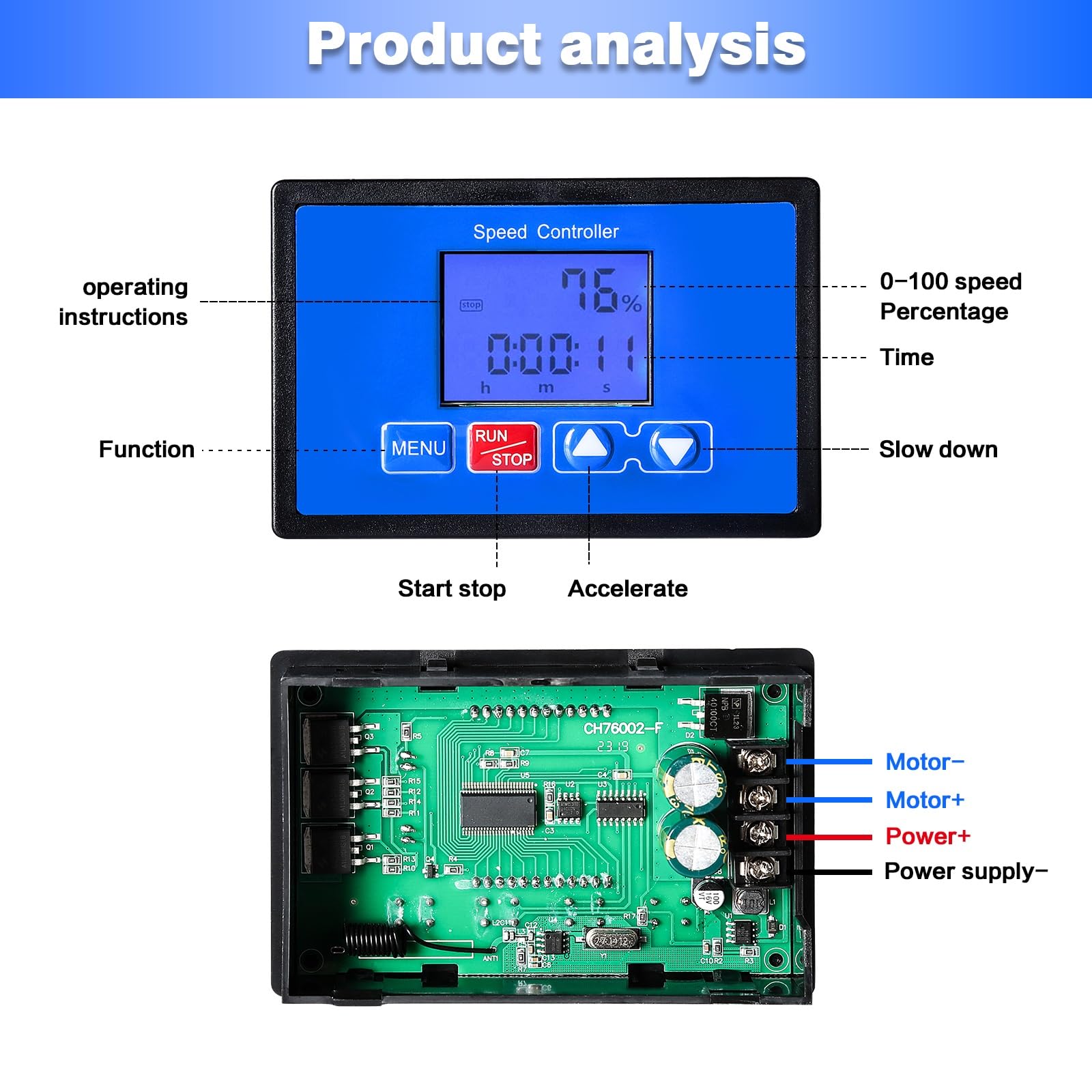 DEWIN Regulator prędkości silnika prądu stałego, 0-100% regulowany bezprzewodowy pilot zdalnego sterowania regulator prędkości silnika prądu stałego 6,5-55 V 30 A LCD inteligentny wyświetlacz kontrola