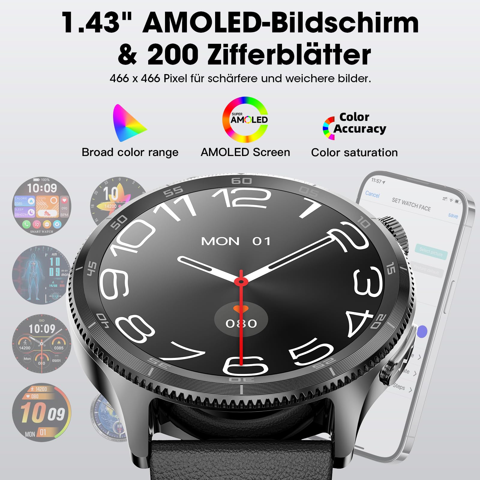 Smartwatch Herren mit EKG & 𝐇𝐑𝐕, 1,43" AMOLED Gesundheitsuhr | Bluetooth-Anrufe, Herzfrequenz, SpO₂, Schlafmonitor sowie BMI, Blutdruck und Harnsäurefunktion, Fitnessuhr für Android & iOS