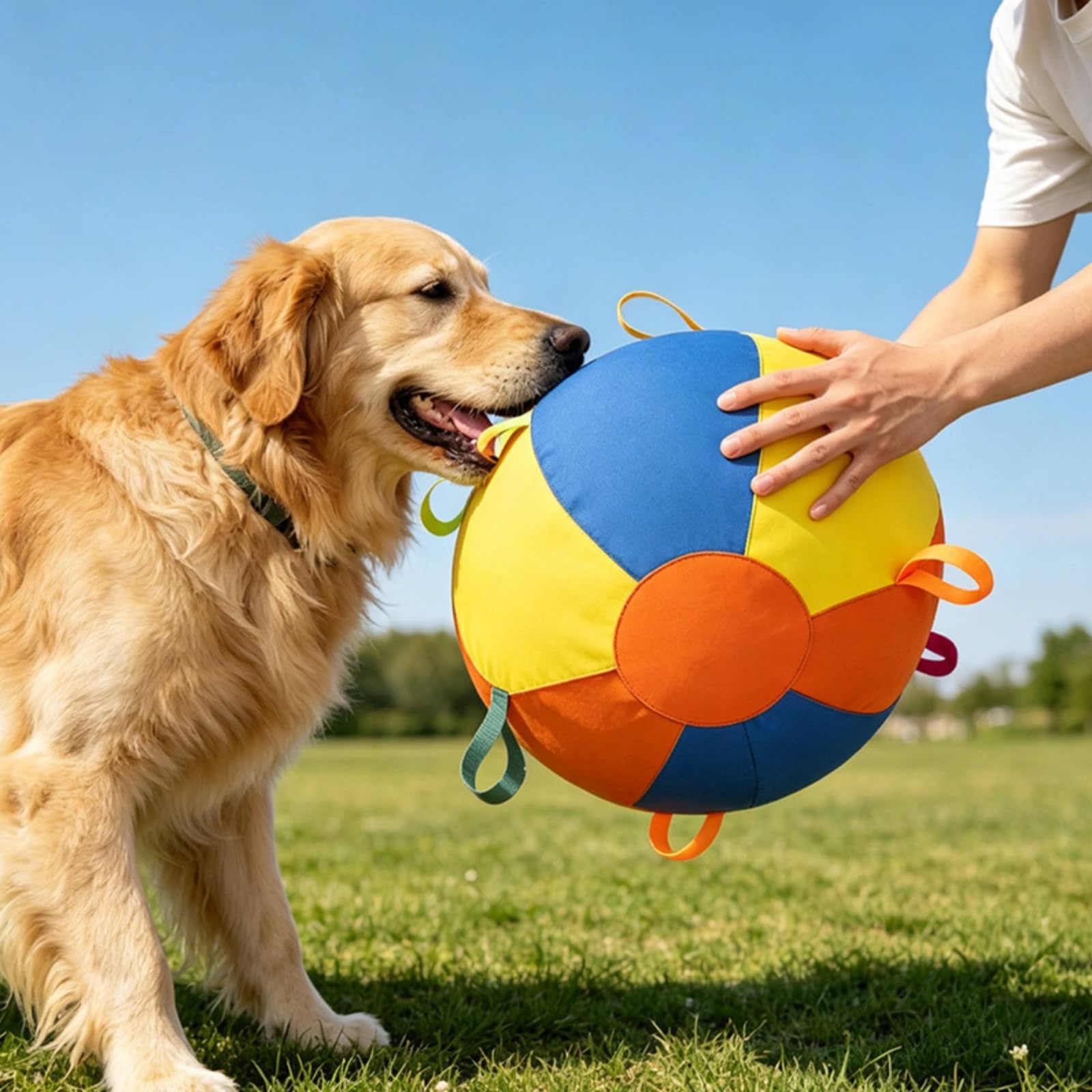 Balle d'Entraînement Canin Balle Interactive pour Chien avec Lanières Jouet de Tirage Sphère Gonflable en Tissu Oxford et Chambre à Air PVC Adaptée au, Multicolore, Grand 55cm