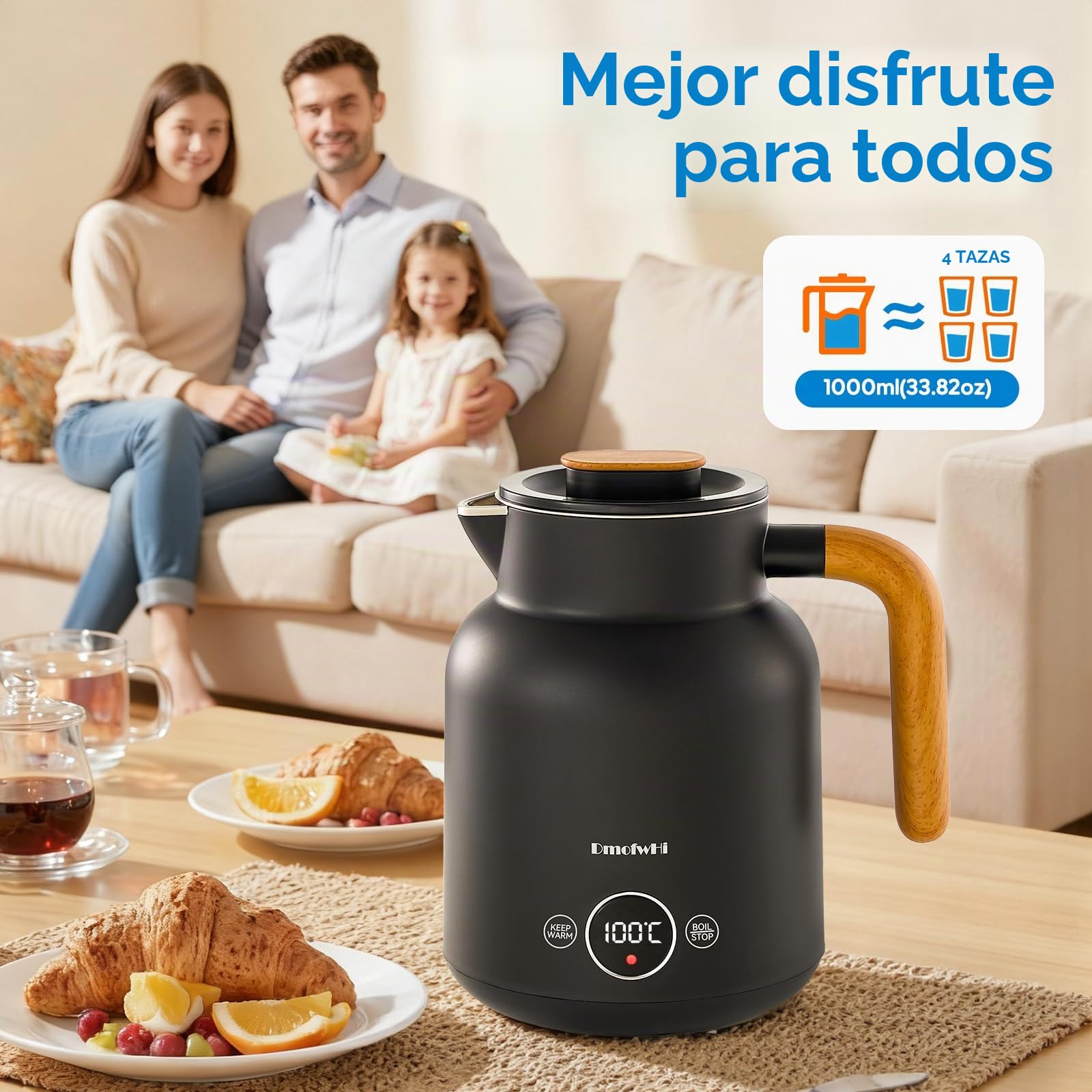DmofwHi Hervidor Agua Electrico 1 Litro, 1000 W, Pantalla Digital, 5 Niveles de Temperatura, Función para Mantener Caliente Durante 4 Horas, Doble Pared, Ideal para Café y Té en la Oficina – Negro