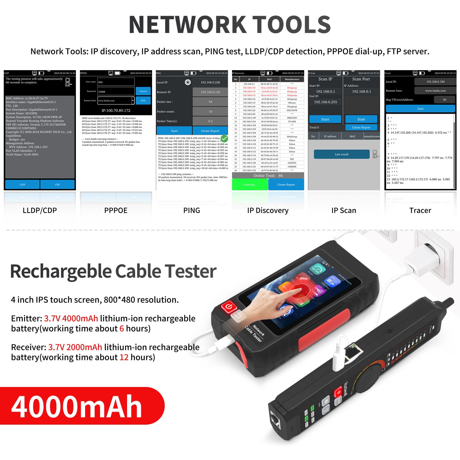Tester multifunzione per cavi di rete, tester per cavi Ethernet UTP, tracciatore di cavi, tester di rete touch screen IPS ricaricabile da 4 pollici, test POE, RJ45 TDR, lunghezza, strumenti di rete IP