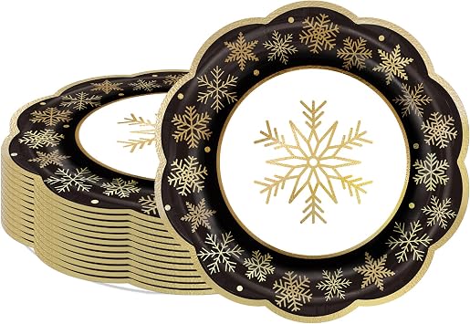 LeZakaa 25Pcs Christmas Paper Plates, Black Snowflake Gold Foil Stamped Finish Scalloped Edge Disposable Party Plates Decorative Tableware Supplies for Holiday Dinner Dessert, 9 Inch