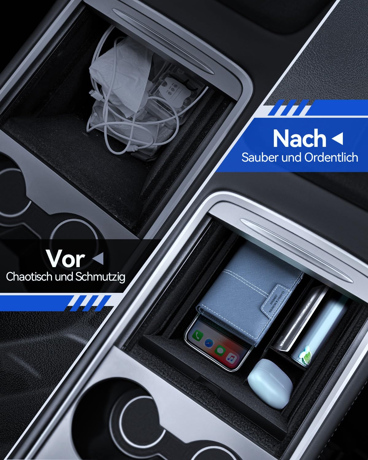 4 Pcs Zubehör für Tesla Model Y 2021-2024 und Model 3 2021-2023, Mittelkonsole Organizer, Armlehne Aufbewahrungsbox, Versteckte Aufbewahrungsbox und Getränkehalter Tesla Zubehör