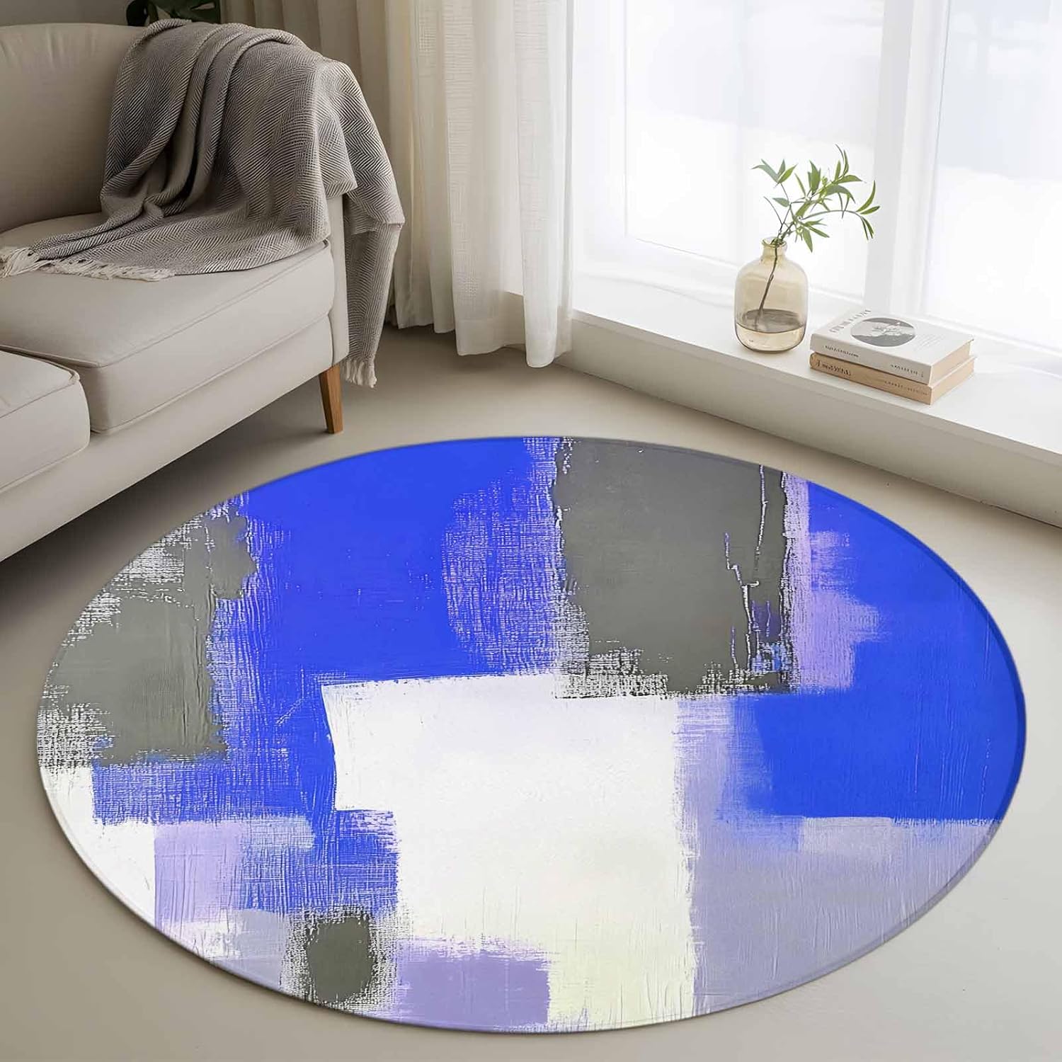 Round Rugs 3.3Ft, Blue Purple Grey Washable Rug for Living Room Low Pile Indoor Floor Carpet, Modern Abstract Art Geometric Oil Painted Non-Skid Bathroom Rug Kitchen Runner Rugs for Bedroom