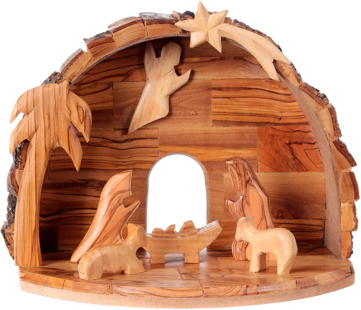 Holy Family Nativity in Olive Wood Stylized Bethlehem 15x20x10 cm