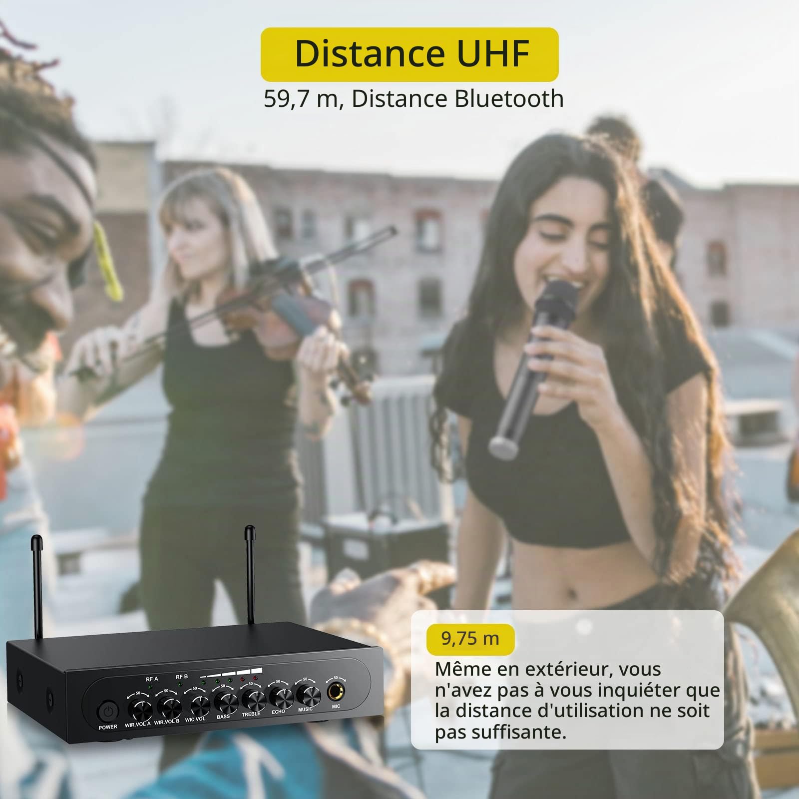 PROZOR Micro sans Fil Bluetooth 4.2 Microphone Karaoké sans Fil UHF Professional Bluetooth Aigus Echo Bass Système de Microphone Portable avec 6,35 mm/RCA Audio Câble pour Mariage Fête DJ Église