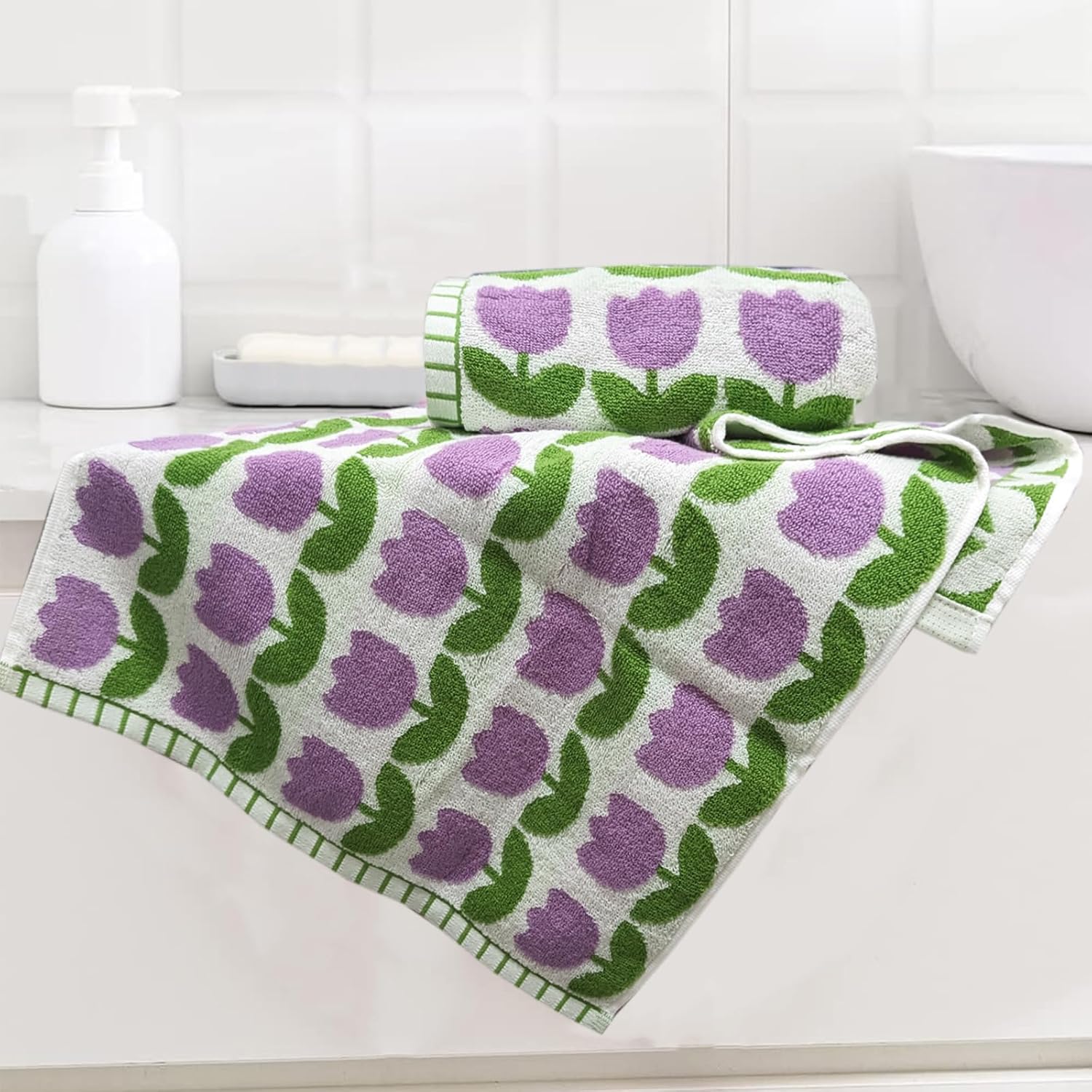 100% Cotton Towels Set Purple Flower Pattern Bathroom Towel 2-Piece Highly Absorbent Soft Hand Towels for Shower, Kitchen, Spa, Toilet