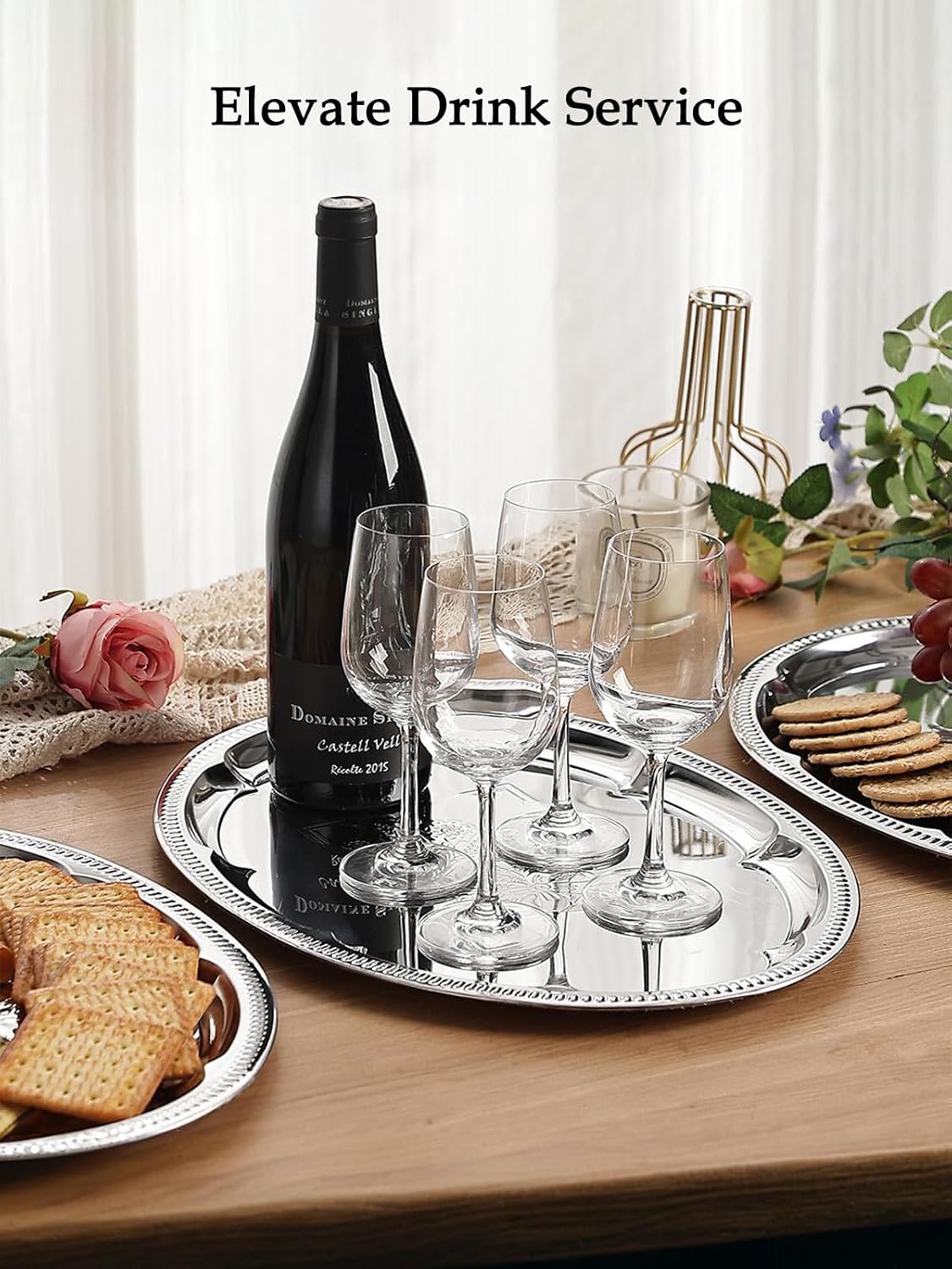 4-Pack 15.7" x 11.8" Silver Serving Trays for Party Set - Oval Floral Engraved Serving Platters, Wedding Birthday Mirror Tray for Easter, Food, Appetizer, Charcuterie, Cookies, Desserts