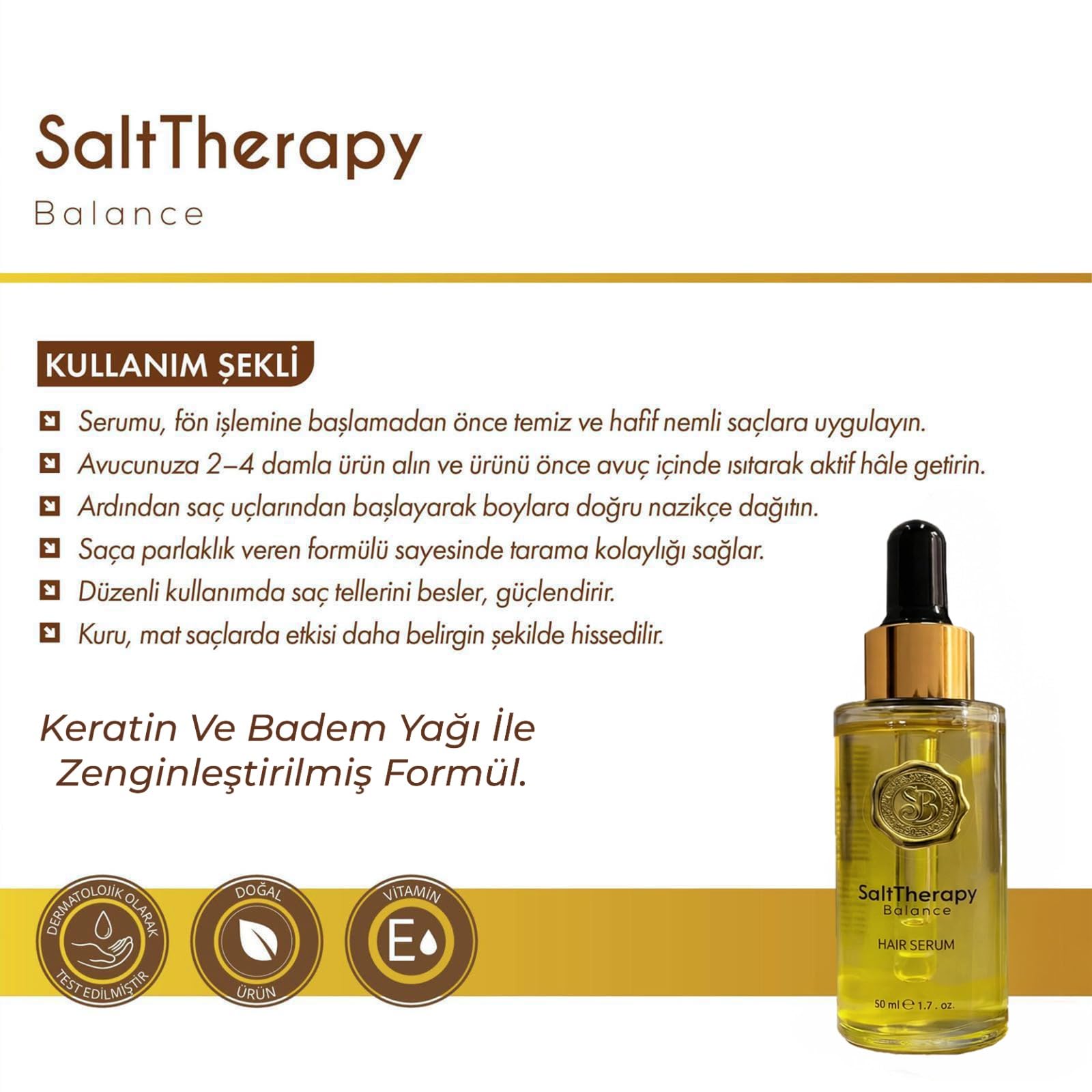 SaltTherapy Balance Keratin Saç Serumu, Vitamin E İçerikli, Ultra Parlaklık, 50 ml