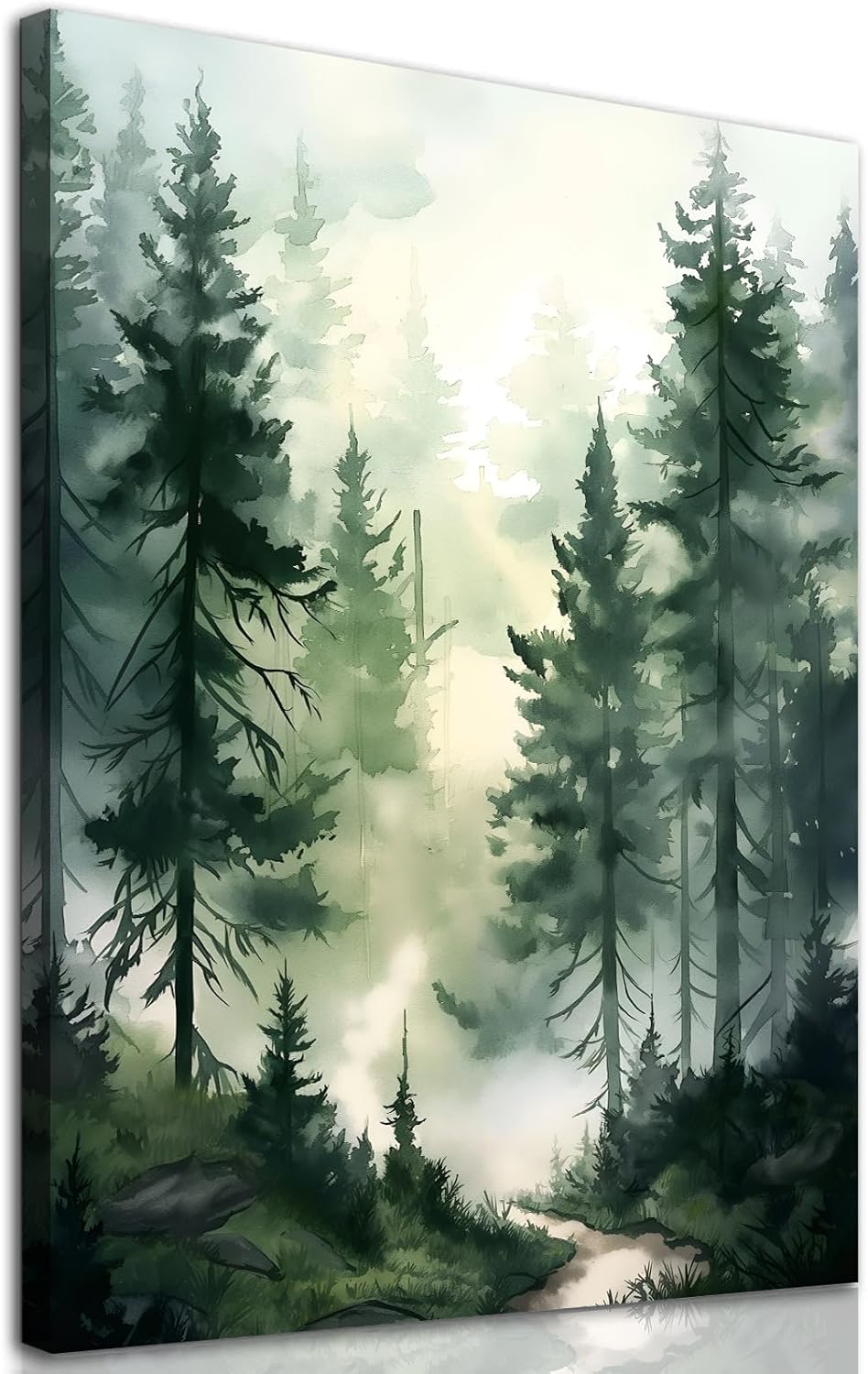 Foggy Forest Canvas Wall Art Pine Tree Painting Nature Landscape Poster Green Forest Landscape Picture Watercolor Nature Wall Art Foggy Misty Pine Artwork Watercolor Tree Print 16x24inch Framed
