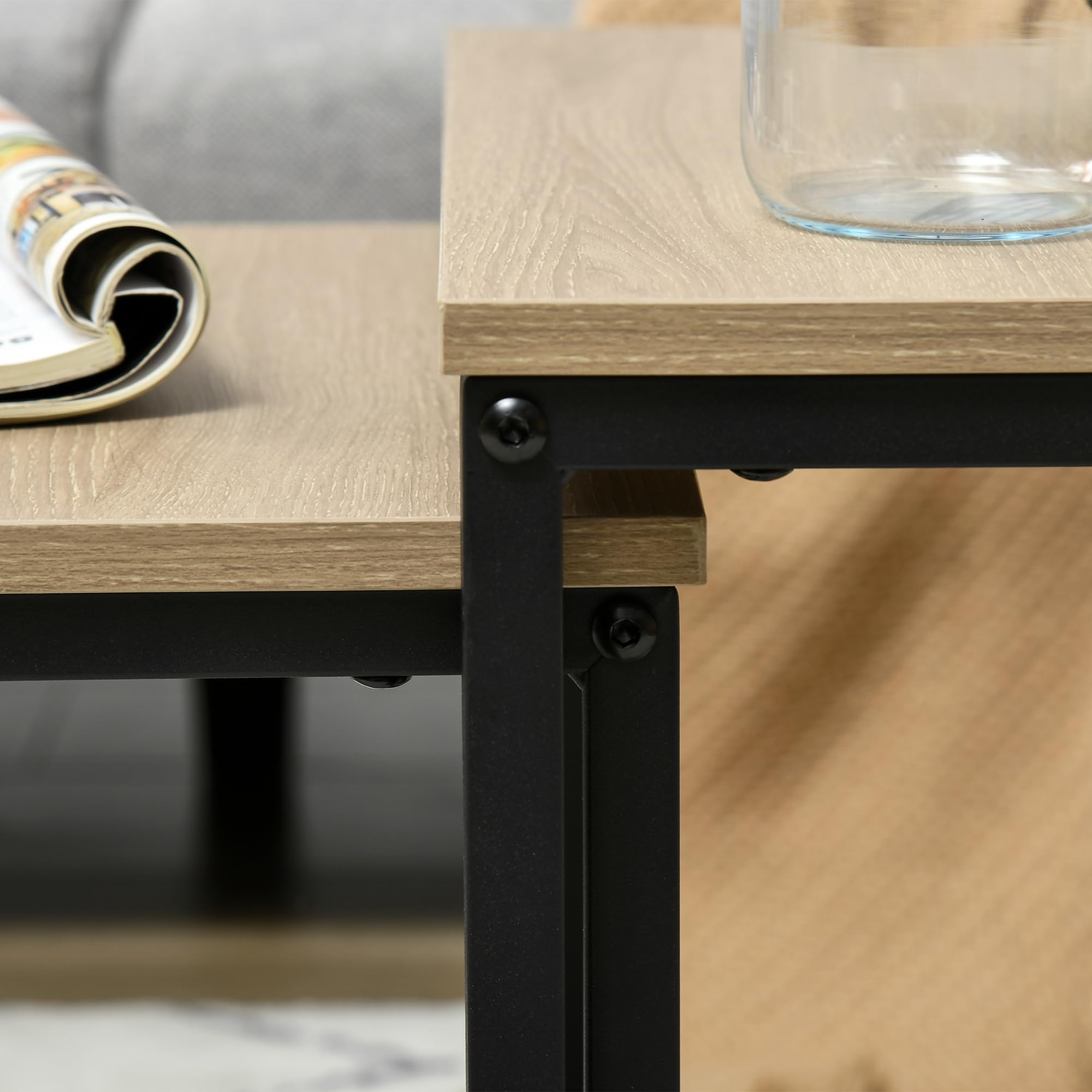 HOMCOM 3er-Set Couchtisch Quadratischer Beistelltisch Stahlrahmen Natur | Sofatisch, Kaffeetisch, Satztisch mit Holzoptik, Wohnzimmertisch im Industriedesign