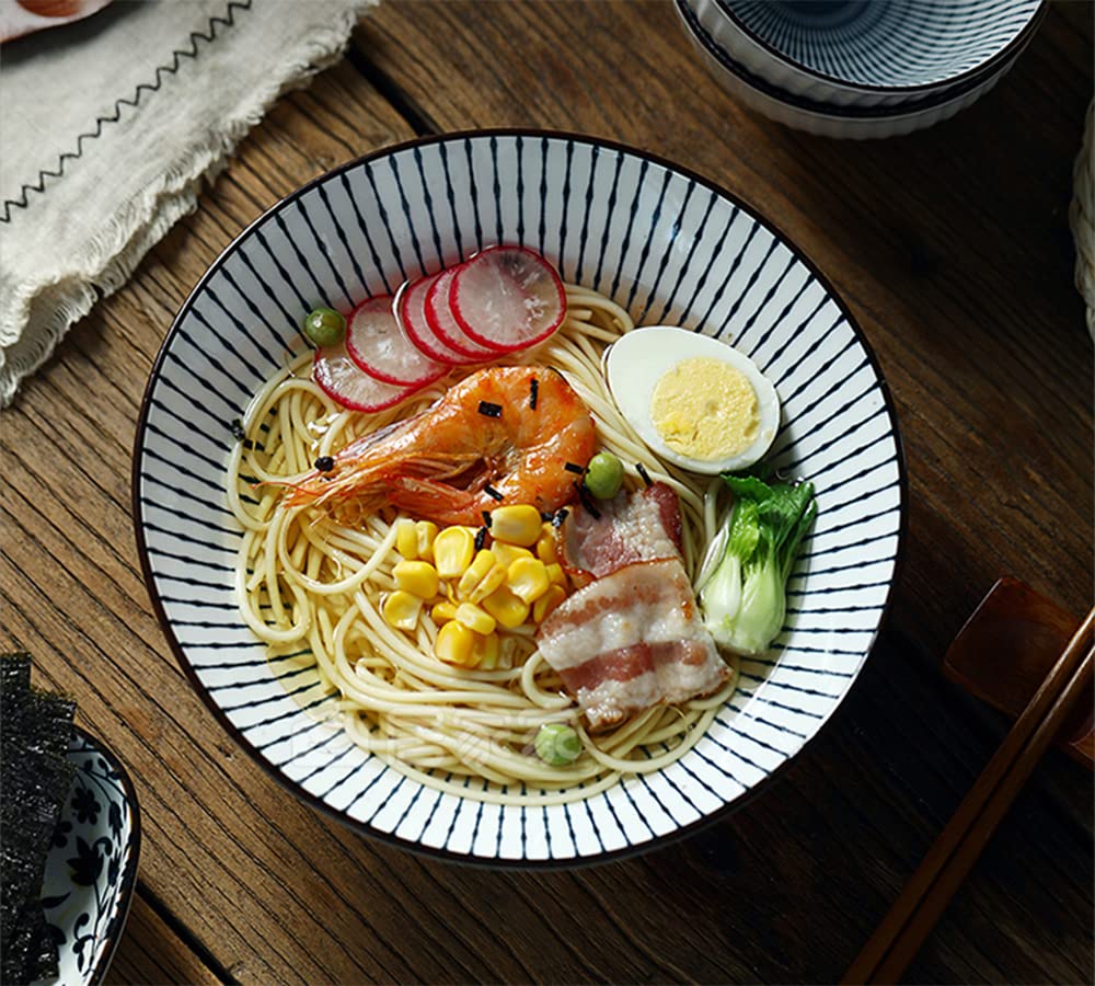 Qinlang Juego de 4 cuencos de ramen japoneses de 38 onzas, cuencos de sopa, cuencos pho, cuencos de fideos, cuencos de cerámica azul y blanco, 8 pulgadas