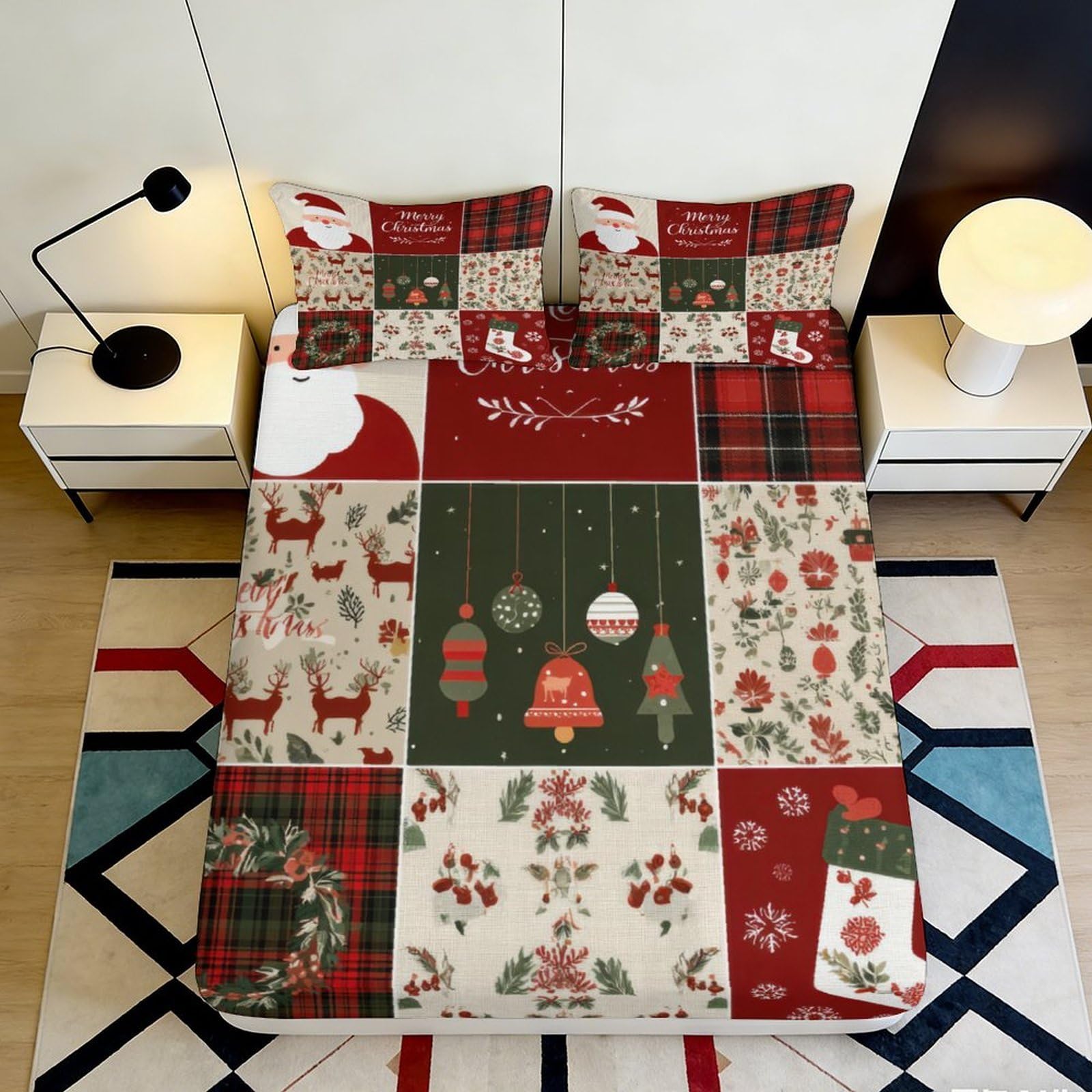 3D Printed Christmas Patchwork Fitted Sheet Microfiber Santa Reindeer Bed Cover for Bedroom Guestroom Holiday Decor 160x200x25cm