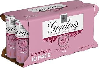 Gordon's Premium Pink Distilled Gin & Tonic | 5% vol | 10 x 250ml Can | Ready to Drink Pink Gin & Tonic Cans | Flavours of Raspberry | Strawberry & Redcurrant