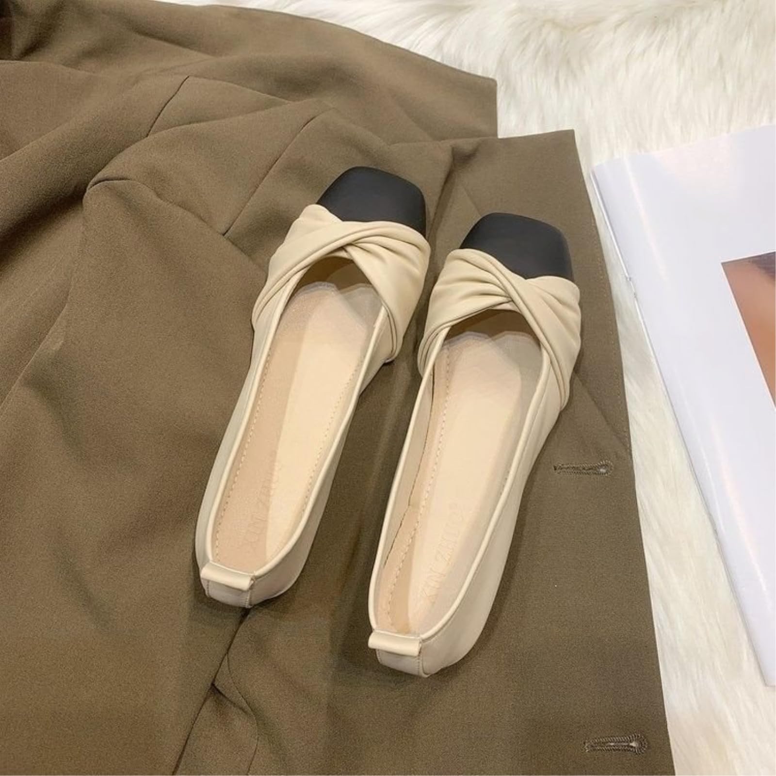 SMYDM Mary Jane - Ballerine da donna con tacco basso, in pelle PU, tacco basso, ballerine a punta, con fiocco, beige kaki