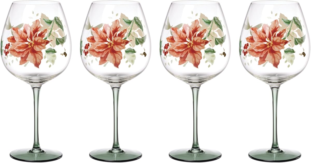 Copas de vino con globos navideños de Butterfly Meadow, 26 oz | apto para lavavajillas | diseño de flor de pascua navideña | regalo de hospedaje navideño | 9,25 pulgadas, 26 oz, regalo para mujeres