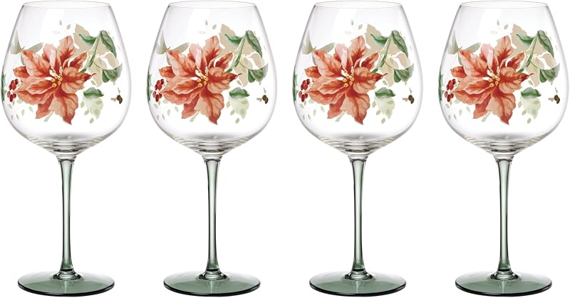 Copas de vino con globos navideños de Butterfly Meadow, 26 oz | apto para lavavajillas | diseño de flor de pascua navideña | regalo de hospedaje navideño | 9,25 pulgadas, 26 oz, regalo para mujeres