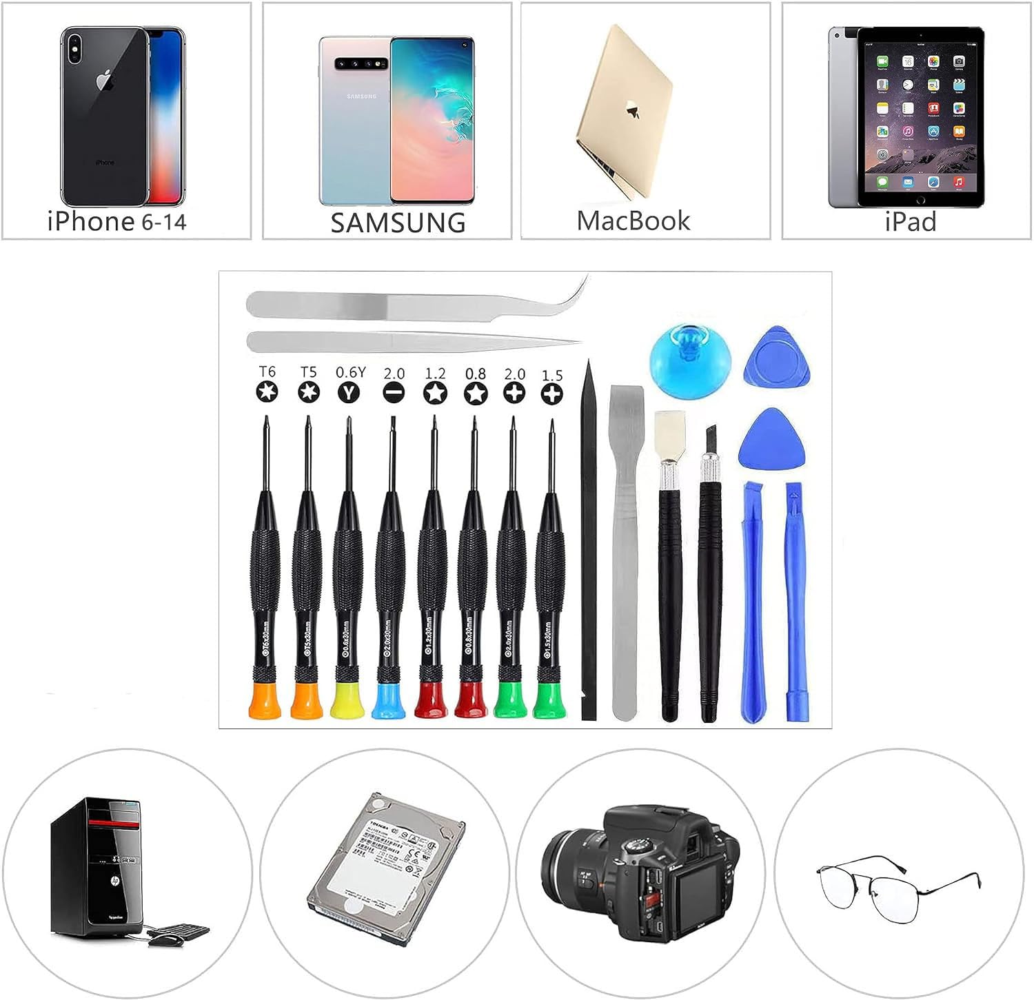 Juego de destornilladores de 20 piezas, herramienta de reparación de teléfono, kit magnético pequeño con palanca de apertura Phillips Pentalobe Torx para iPhone, iPad, teléfonos Samsung 7