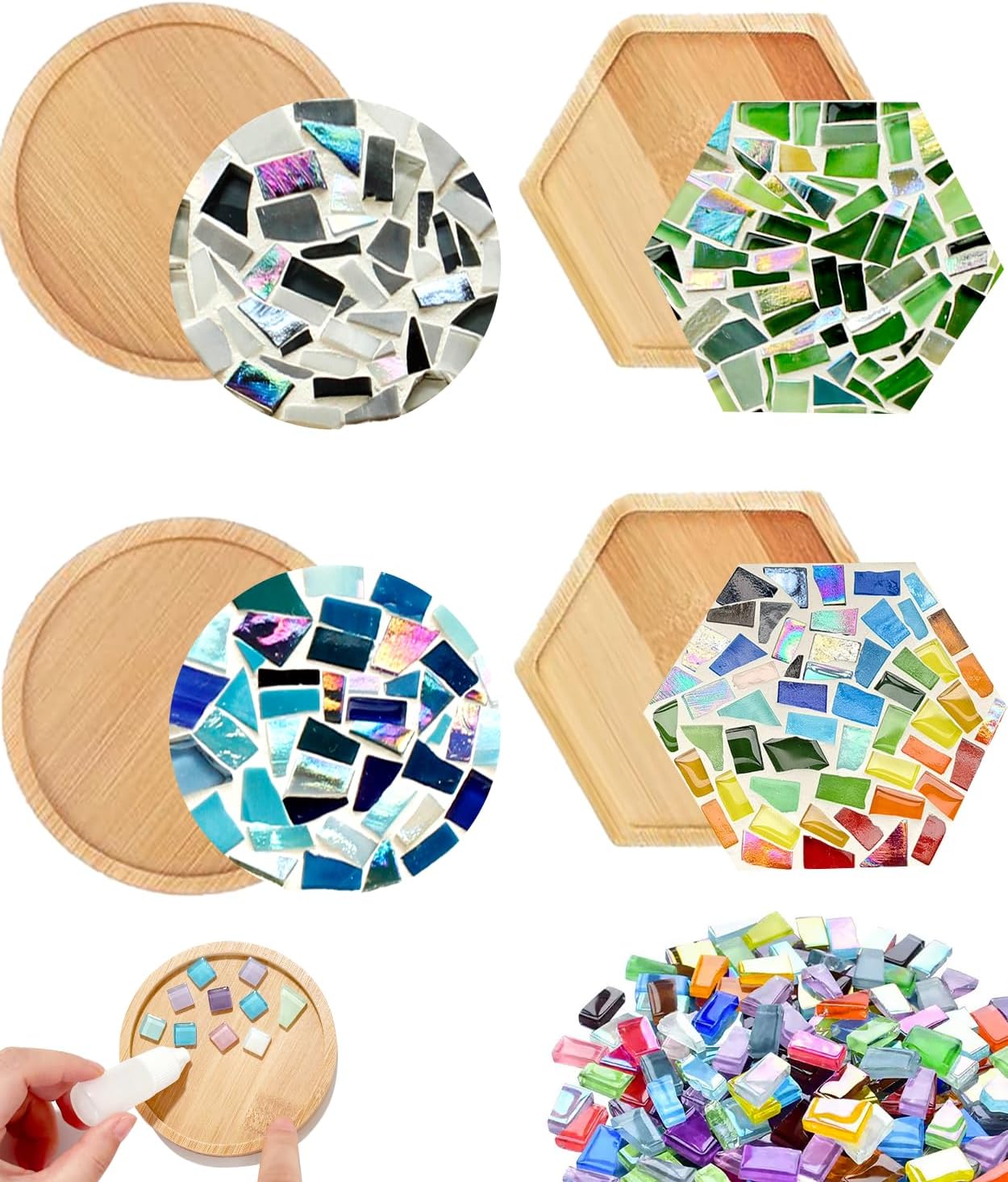 4 Sets DIY Mosaic Kits for Adults with Wooden Coasters, Mixed Color Glass Mosaic Tiles Craft Kits for Adults Women, Complete Mosaic Coaster Making Kit for Home Decor Gifts (4, Laser Style)