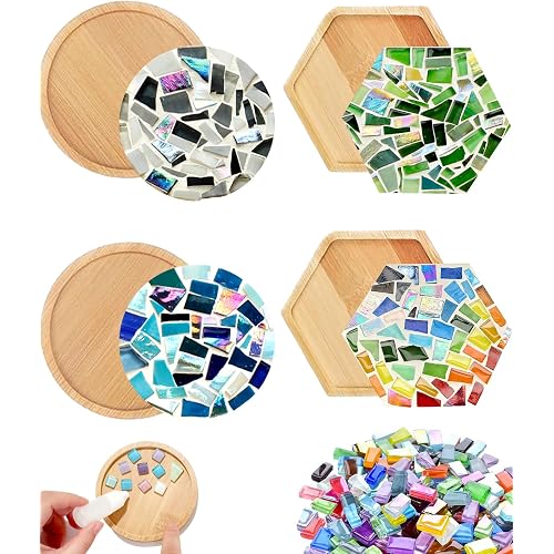 4 Sets DIY Mosaic Kits for Adults with Wooden Coasters, Mixed Color Glass Mosaic Tiles Craft Kits for Adults Women, Complete Mosaic Coaster Making Kit for Home Decor Gifts (4, Laser Style)