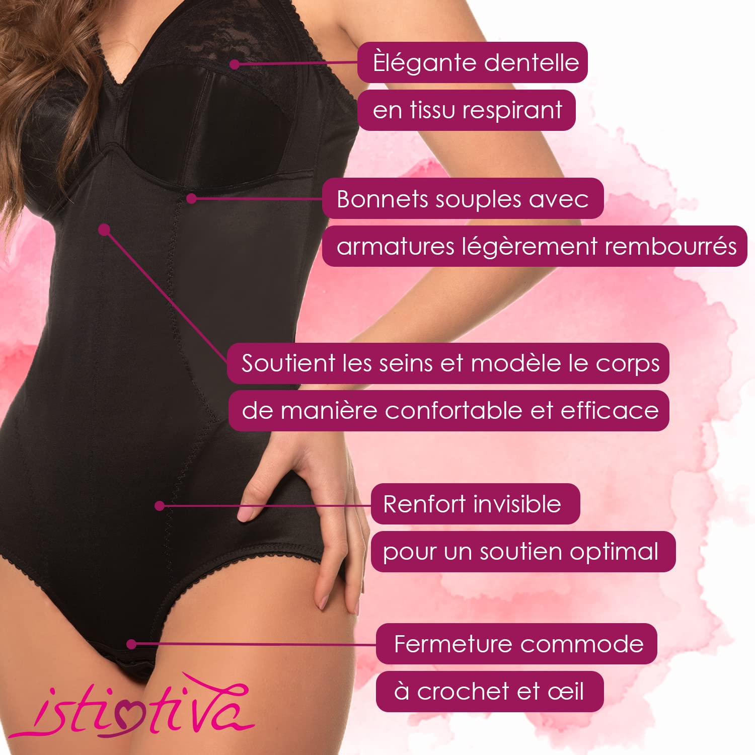 Rossella - Body Femme Gainant et Sculptant Haut Confort avec élégante Dentelle - Bonnets Souples légèrement rembourrés