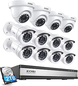 ZOSI 1080p 16 Channel Security Camera System Outdoor with AI Human Vehicle Detect, 12 x 2MP Weatherproof Surveillance CCTV Bullet Dome Camera, H.265+ DVR, 2TB HDD, 80ft Night Vision, 90° View Angle asin的图片