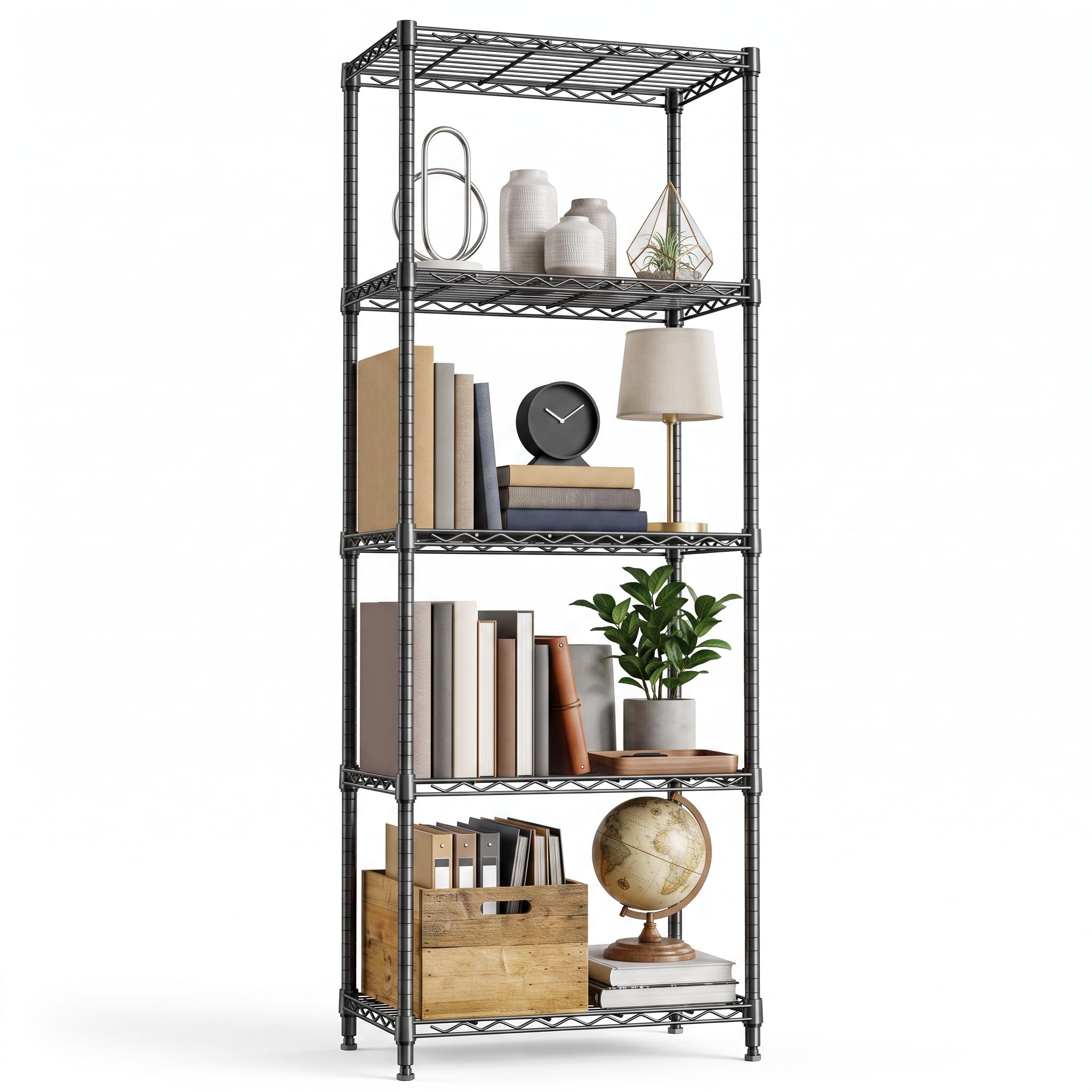M MZG Scaffale in metallo a 5 ripiani con ripiani regolabili in altezza, capacità di carico totale 567,5 kg, scaffale per garage, dispensa, cucina e ripostiglio, nero, 35 x 60 x 158,7 cm