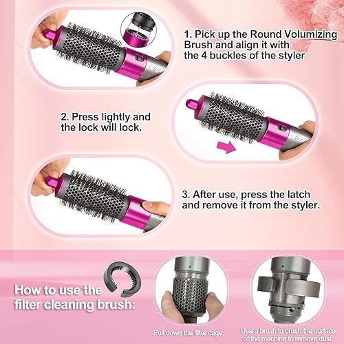 Miniatura 4 de Cepillo voluminizador redondo rosa y cepillo de limpieza de filtro para Dyson Airwrap Hair Styler Limp Flat Hair Volumizer Attachment Tool 969489-01
