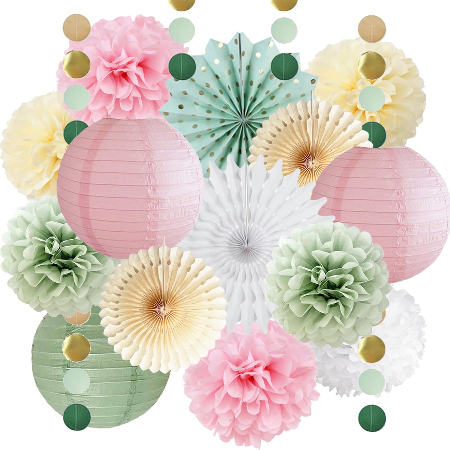 15 Pièces Décorations Fête En Papier – Lanternes, Fleurs, éventails Vert Sauge Et Rose Poudré Pour Mariage, Baby Shower - 11