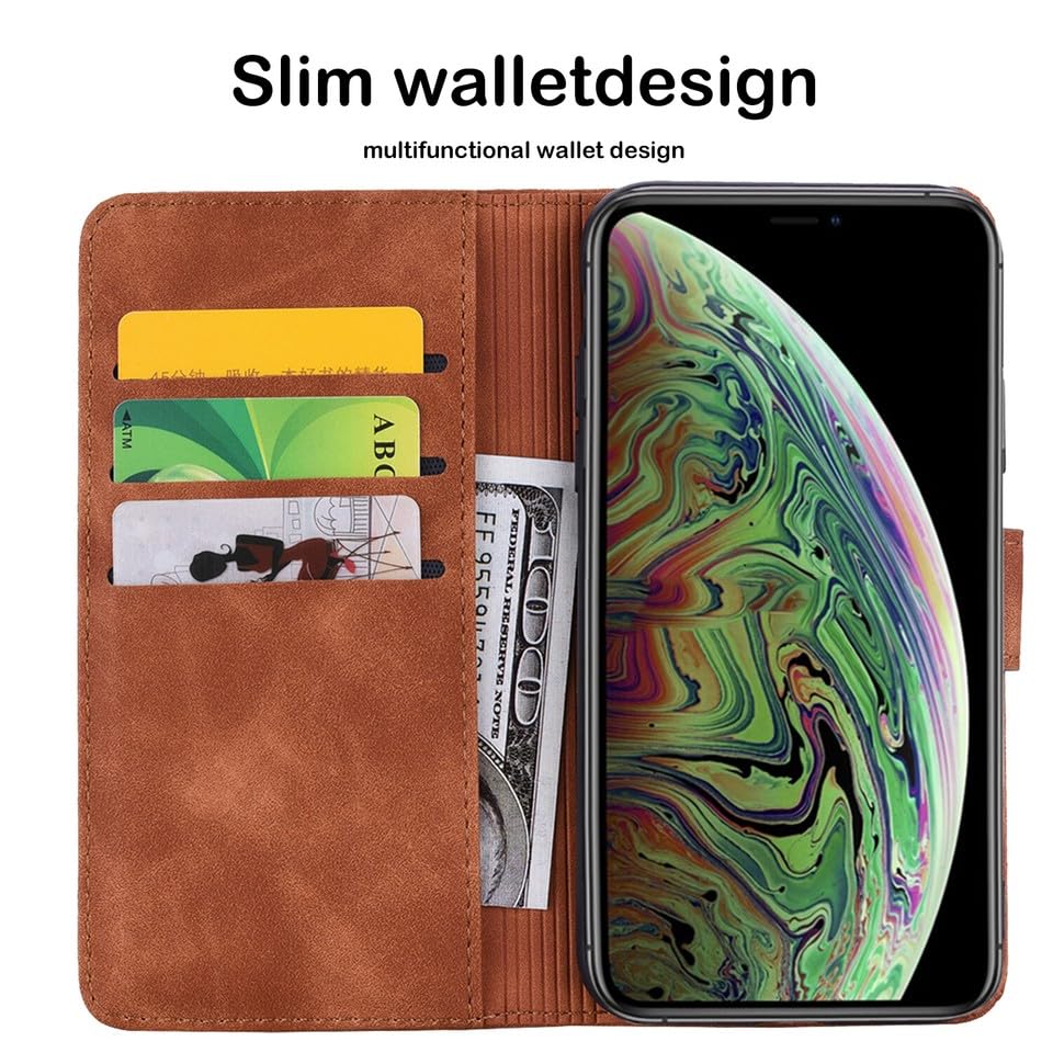 Étui portefeuille iPhone 14 marron en cuir avec clapet magnétique