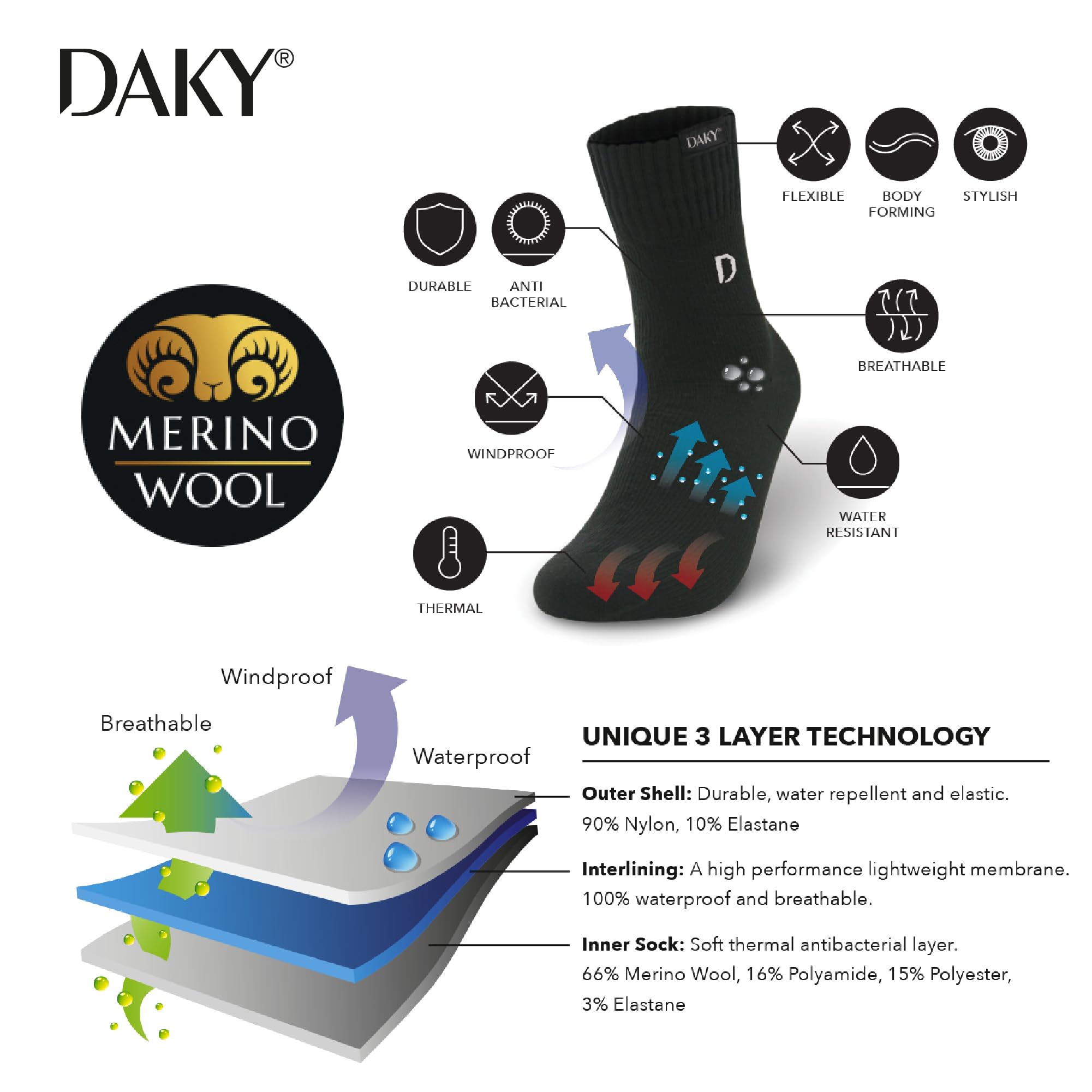 DAKY Waterproof Socks - Phantom Plus Merino black mid-calf socks | High Performance outdoor socks for all sports