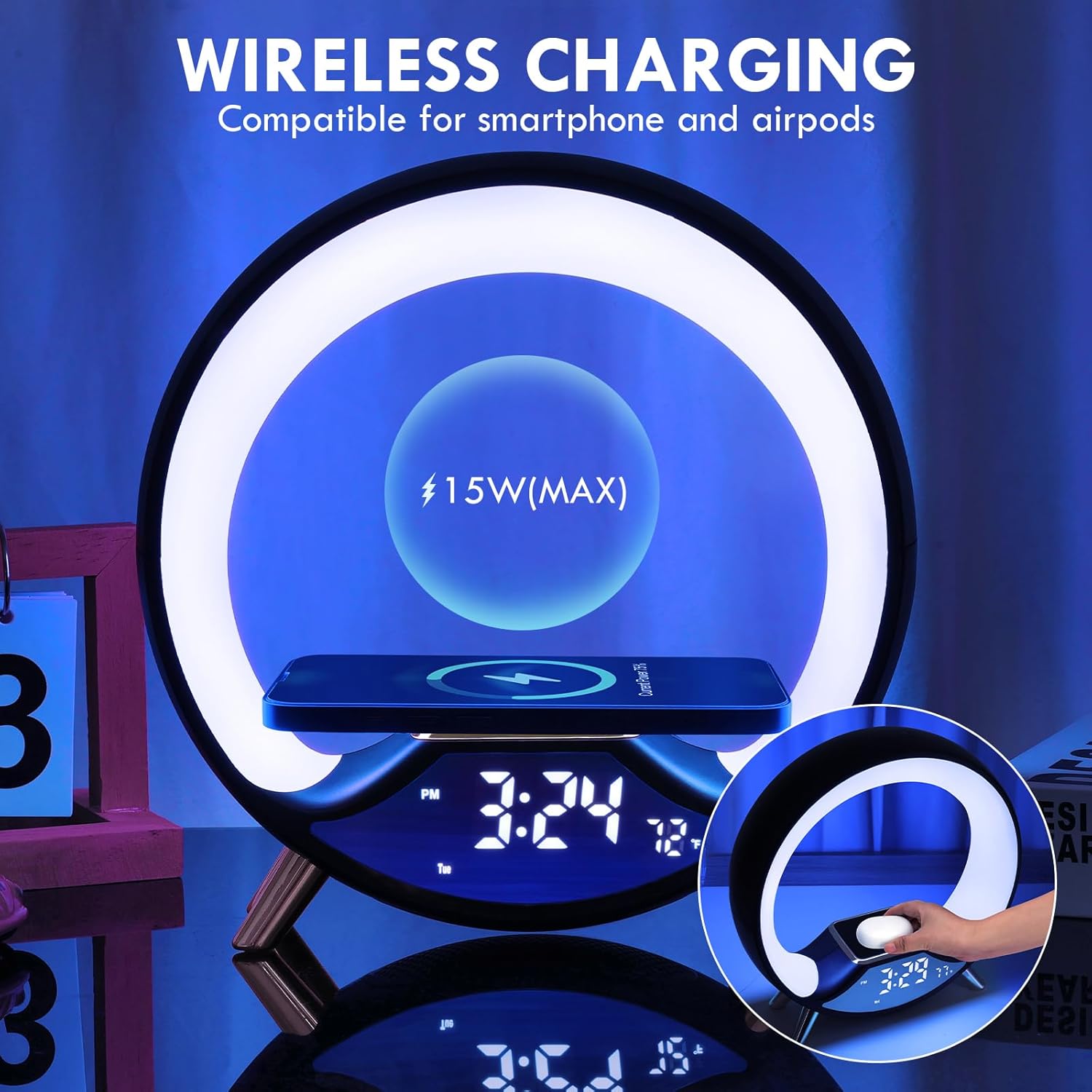 GuDoQi Sunrise Alarm Clock with Fast Wireless Charger Station and Bluetooth, Full Screen with Sunrise Simulation Light, Sleep Aid, Dual Alarms, FM Radio, 10 Colors Nightlight for Bedroom, Black - Image 5