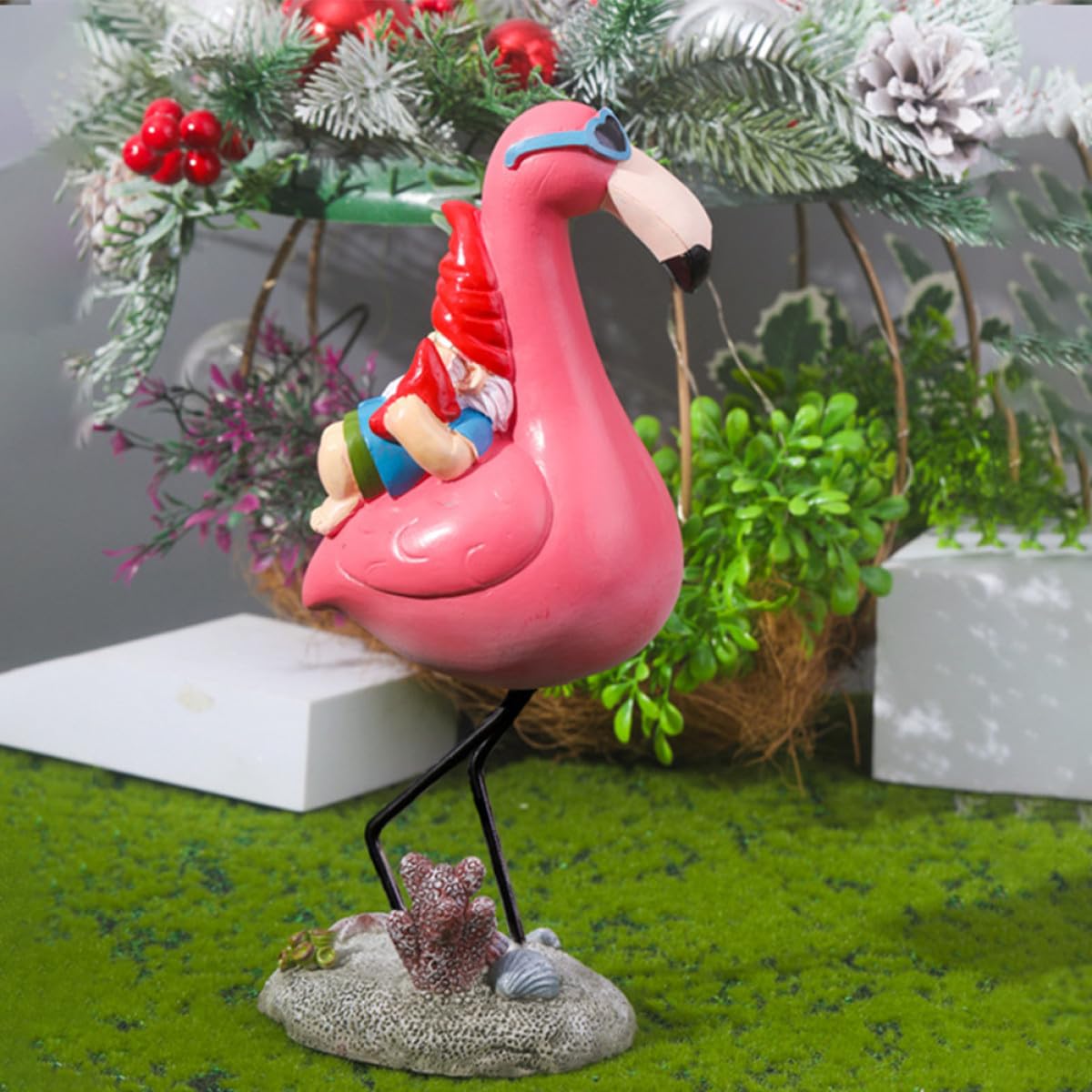 YARNOW Statua Gnomo Sdraiato su Fenicottero in Resina Rosa per Giardino