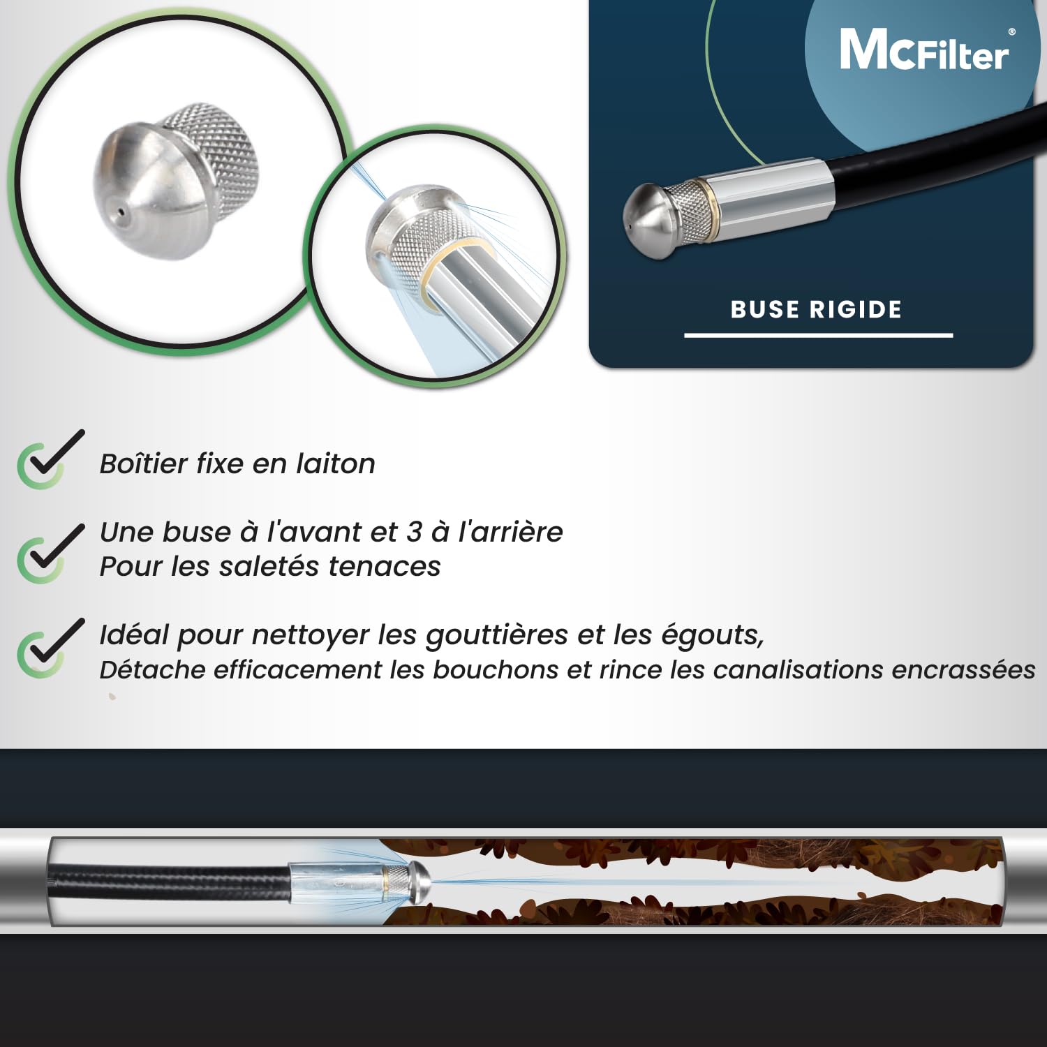 Flexible de nettoyage de tuyaux, 15m, 160-200 bar, adaptateur inclus, buses fixes + rotatives, compatible avec les nettoyeurs haute pression Kärcher K2, K3, K4, K5, K6, K7