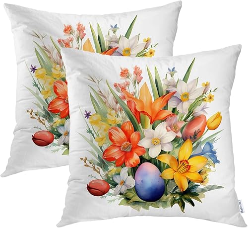 Batmerry Flowers Eggs Throw Pillow Covers, Picture Colorful Floral Arrangement with Eggs Decorative Pillow Covers Digital Printing Blended for Couch