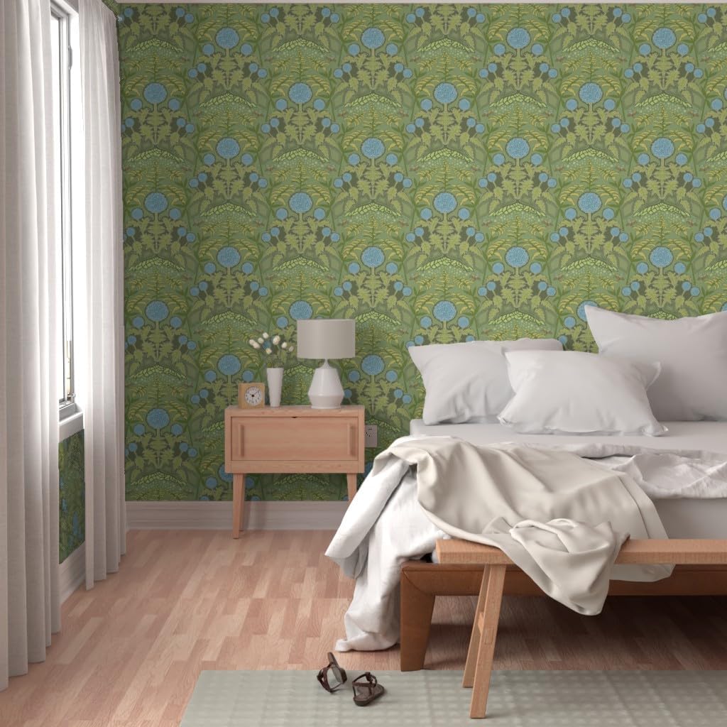 Removable Wallpaper Swatch - Art Nouveau Thistle Large Victorian Home Decor Ornate Flower Garden Floral Botanical Blue Green Gold Custom Pre-Pasted Wallpaper by Spoonflower