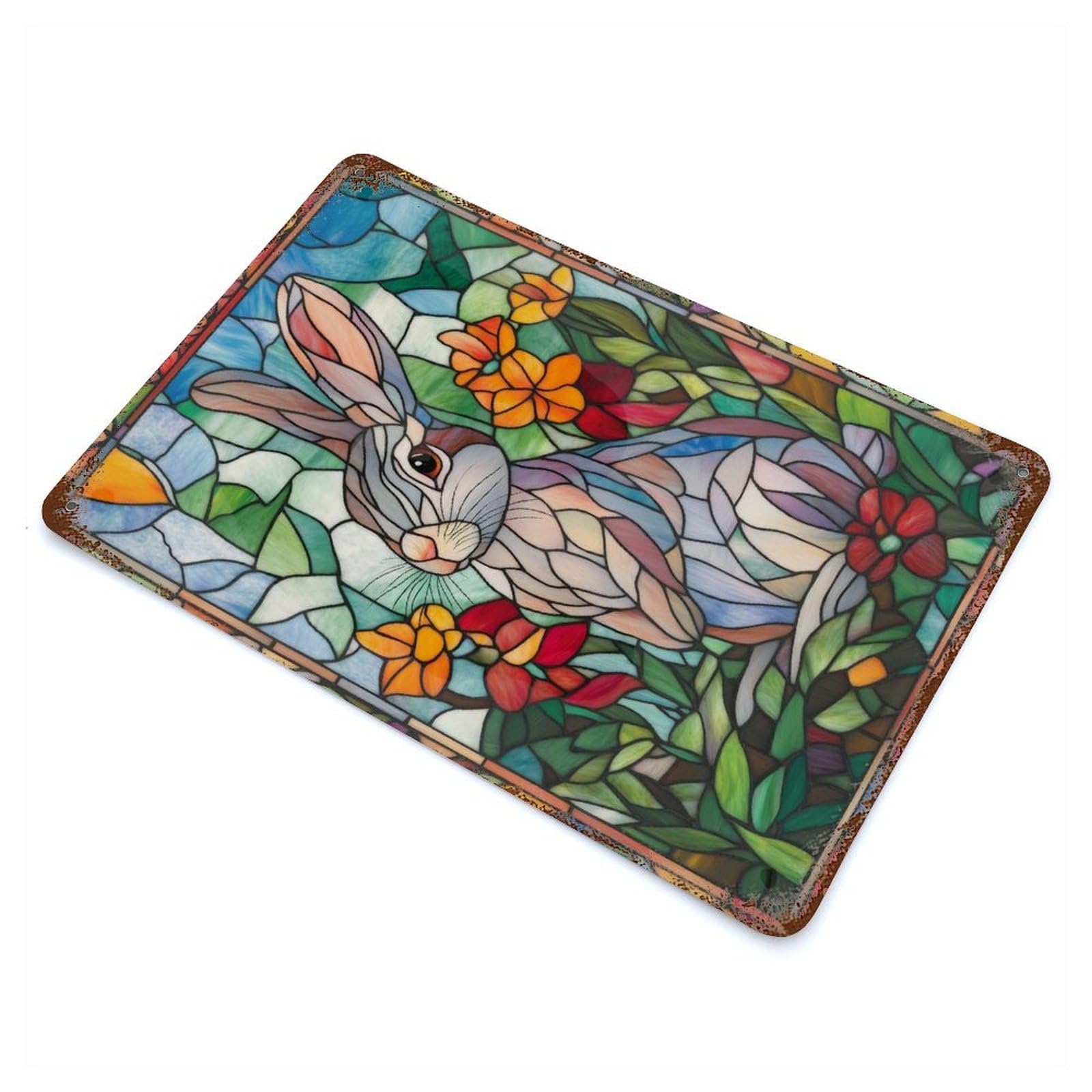 Rusty Metal Tin Sign Stained Glass Rabbit 11.8"x7.9", Industrial Home Decor for Patio, Garden Room And Bar Decor