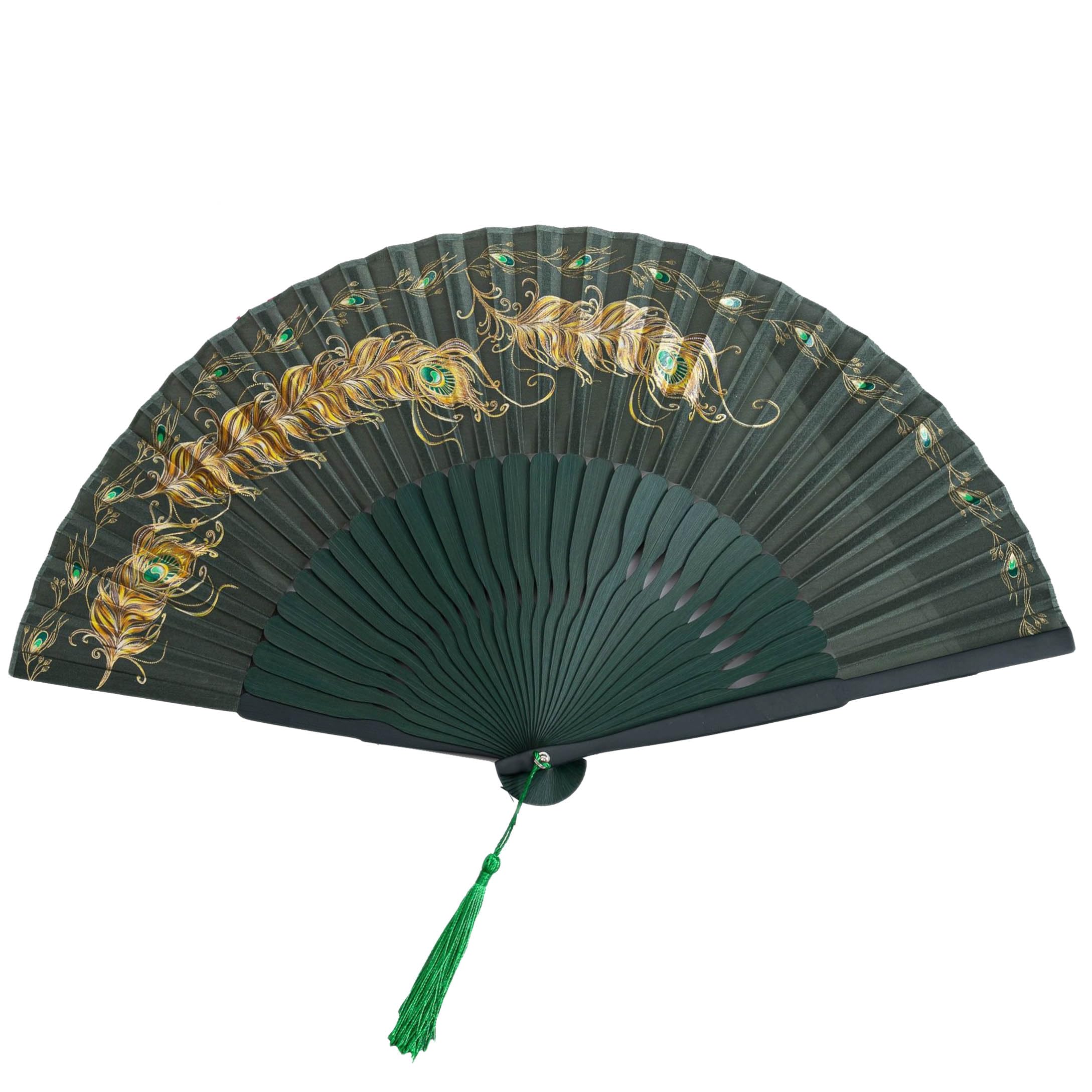 GFM® Bamboo Silk Handheld Folding Japanese Chinese Hand Fan for Summer, Wedding, Party Favour (MR-E) (F12-Green-Peacock Feathers)(FLSLK-F12-HRSN) — image 1