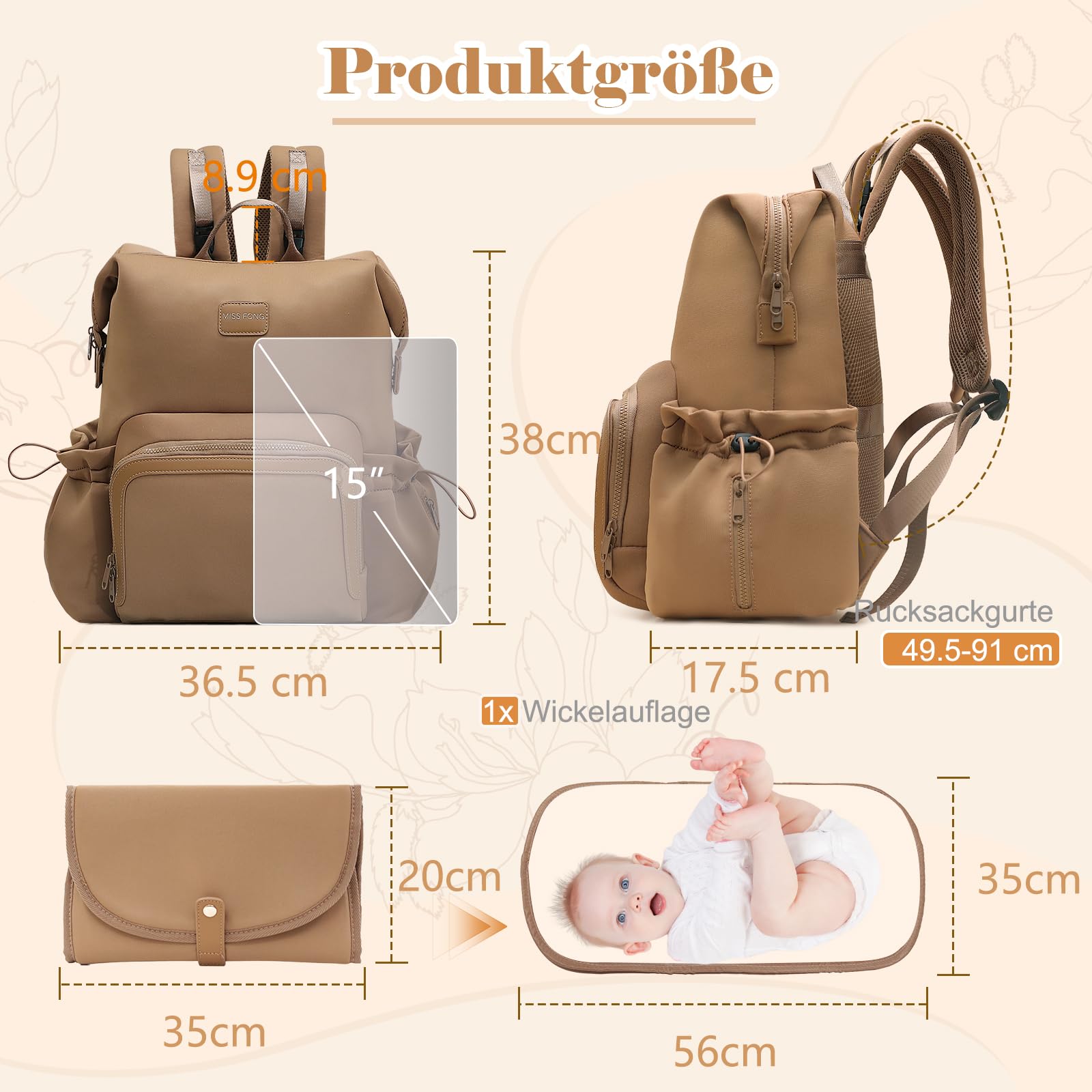 MISS FONG Baby Wickelrucksack Wickeltasche, Wickelrucksack Groß Rucksack Babytaschen Wickeltasche Organizer Neopren Lässig Wickelrucksack mit 12Taschen & Wickelunterlage MamaTasche für Papa