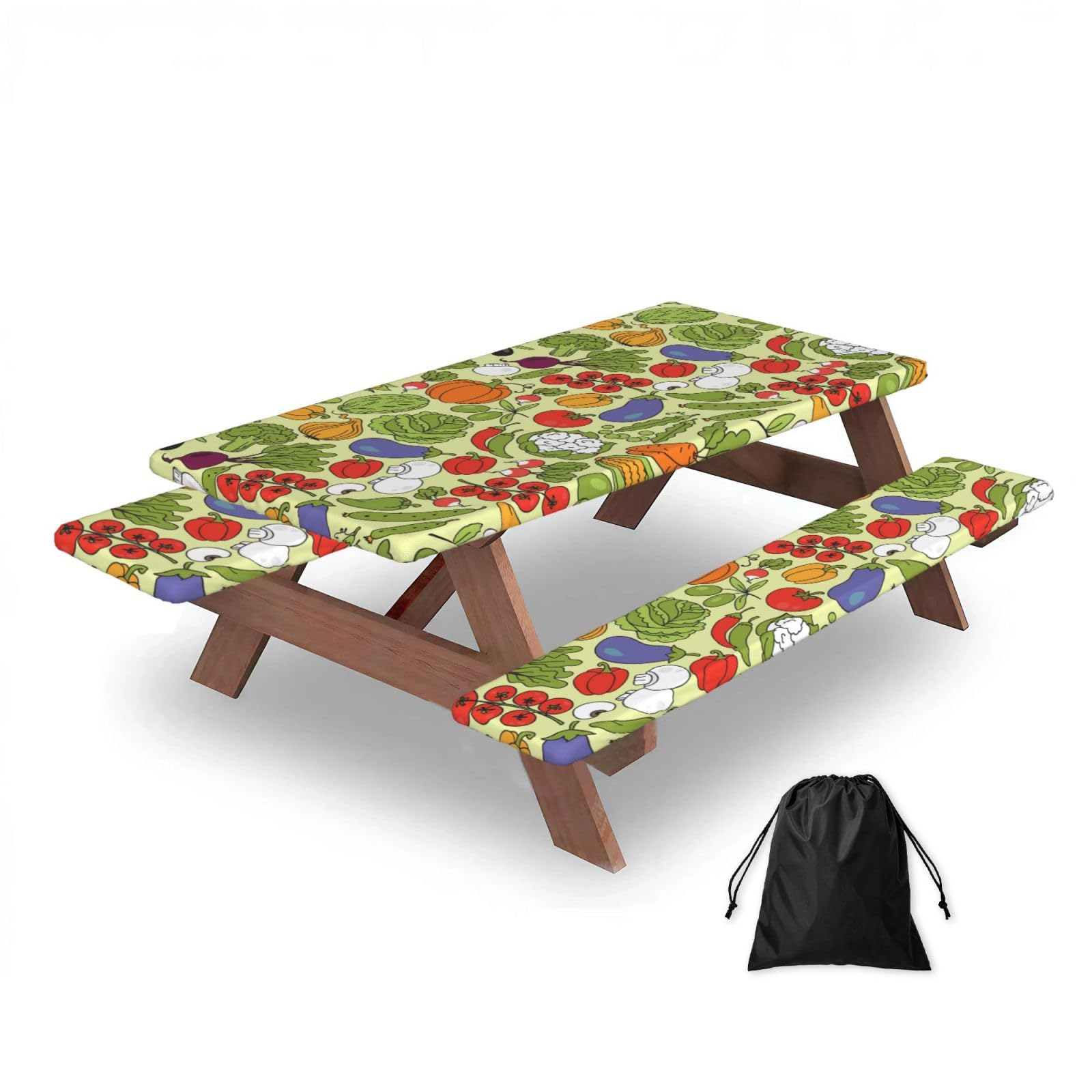 Dopklna As Picture Various Vegetable Patterns, Picnic Table Cover With Bench Covers -Waterproof Elastic Fitted Tablecloth For Garden Camping Patio 76X152cm