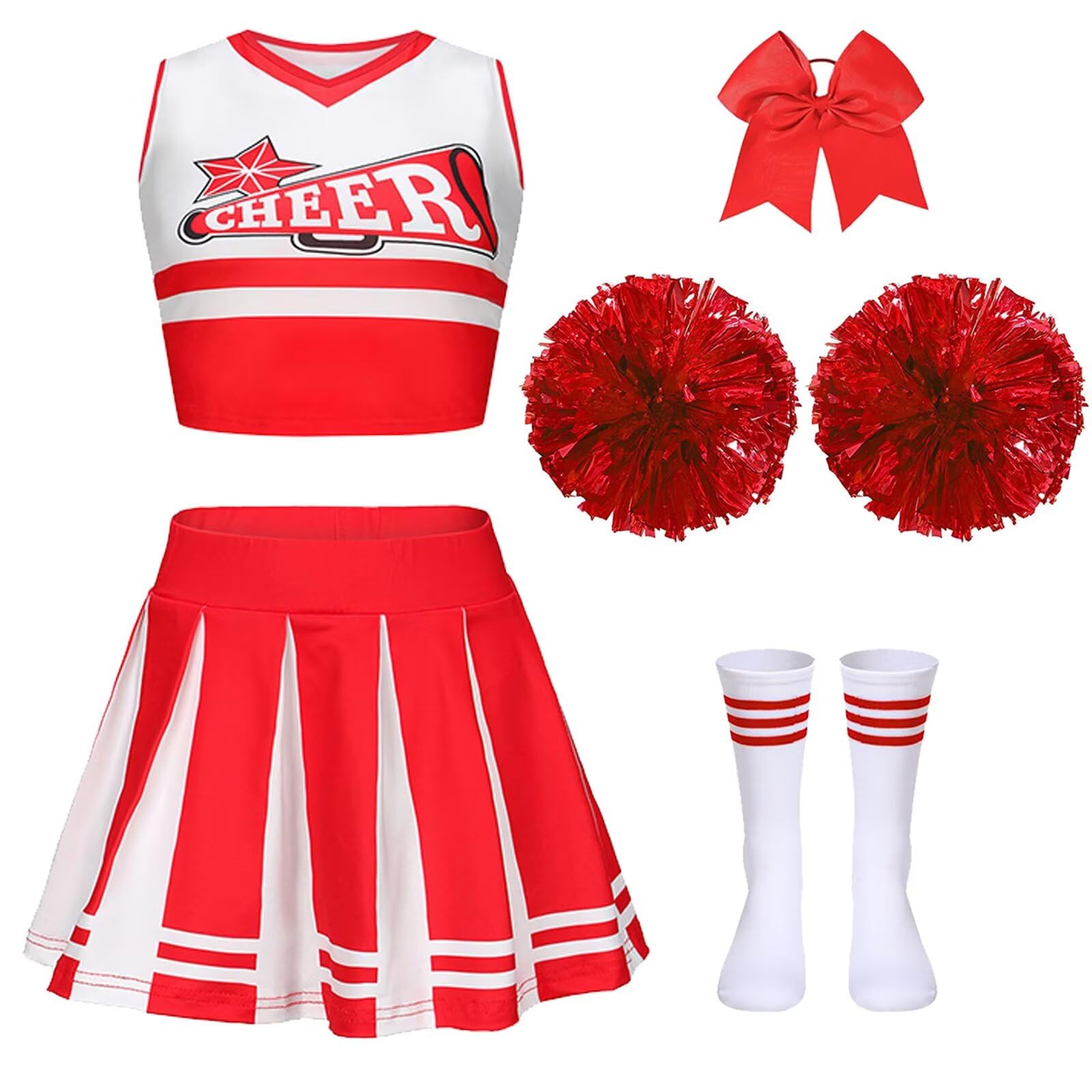 PIXUYE Pompom Carnival Girl Costume Cheerleader Costume with Barrette Bow Cheerleader Baton Pom-poms and Socks, Cheerleader Uniform for Halloween Carnival Parties, Red 110