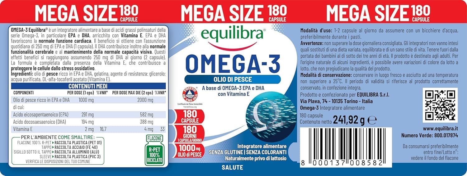 Equilibra Omega 3, Olio di Pesce 2000mg, EPA 582mg e DHA 388mg per Dose max, Scorta 6 mesi, 180 capsule, Normale Funzione Cardiaca, Funzionalità Cerebrale e Capacità Visiva, Senza Glutine e Lattosio